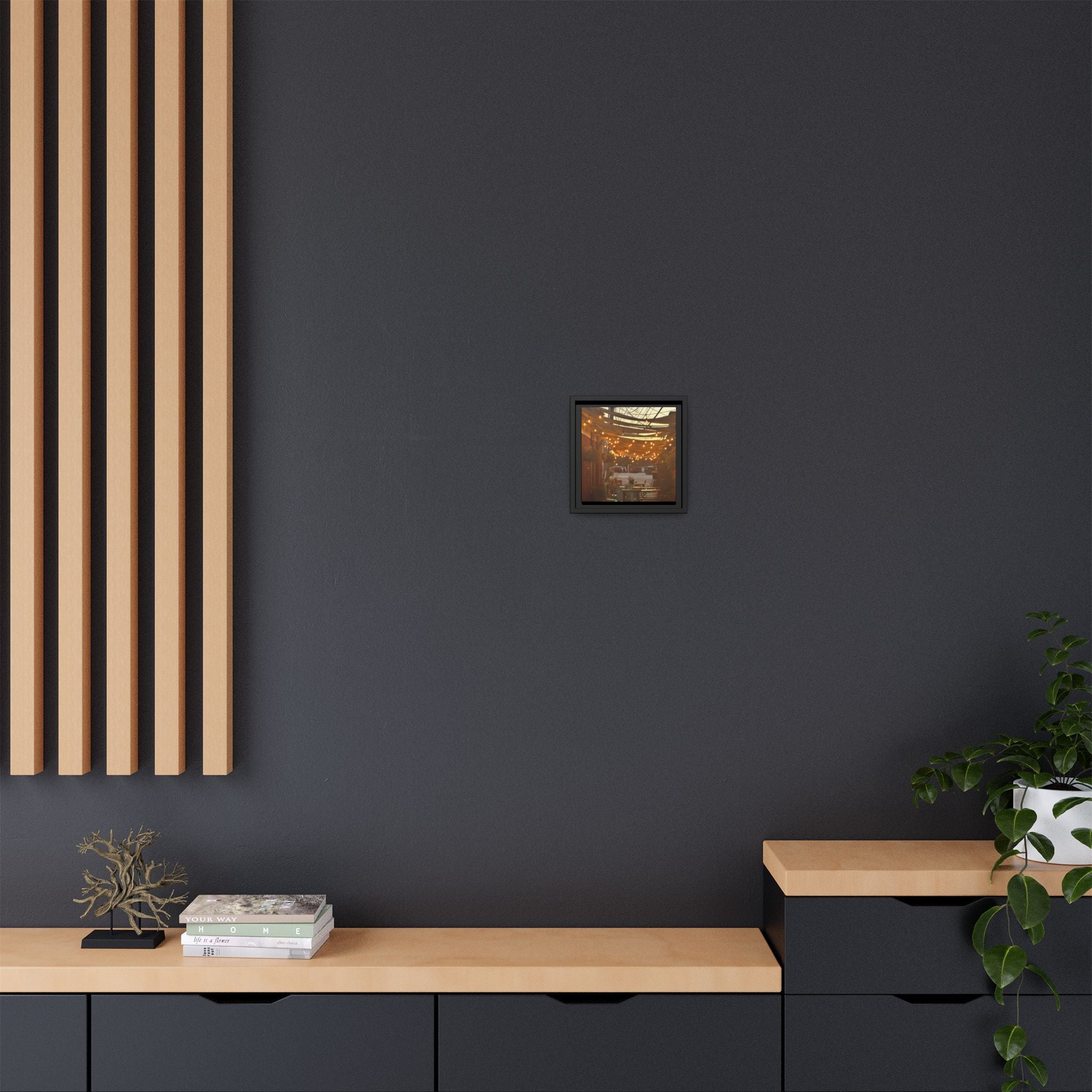 Cozy Alleyway String Lights — Framed Matte Canvas Print