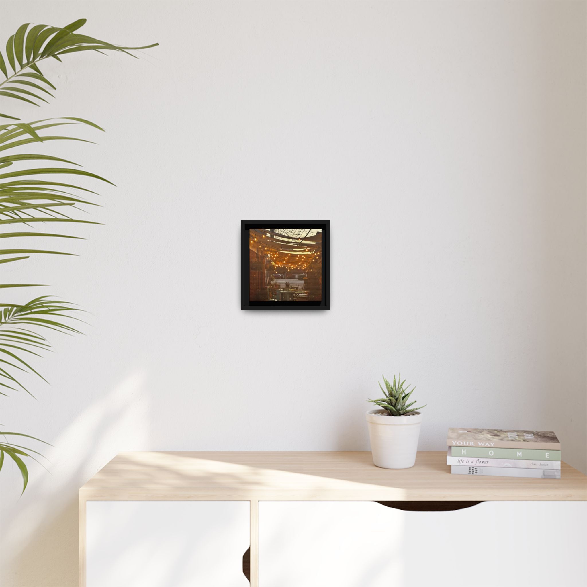 Cozy Alleyway String Lights — Framed Matte Canvas Print