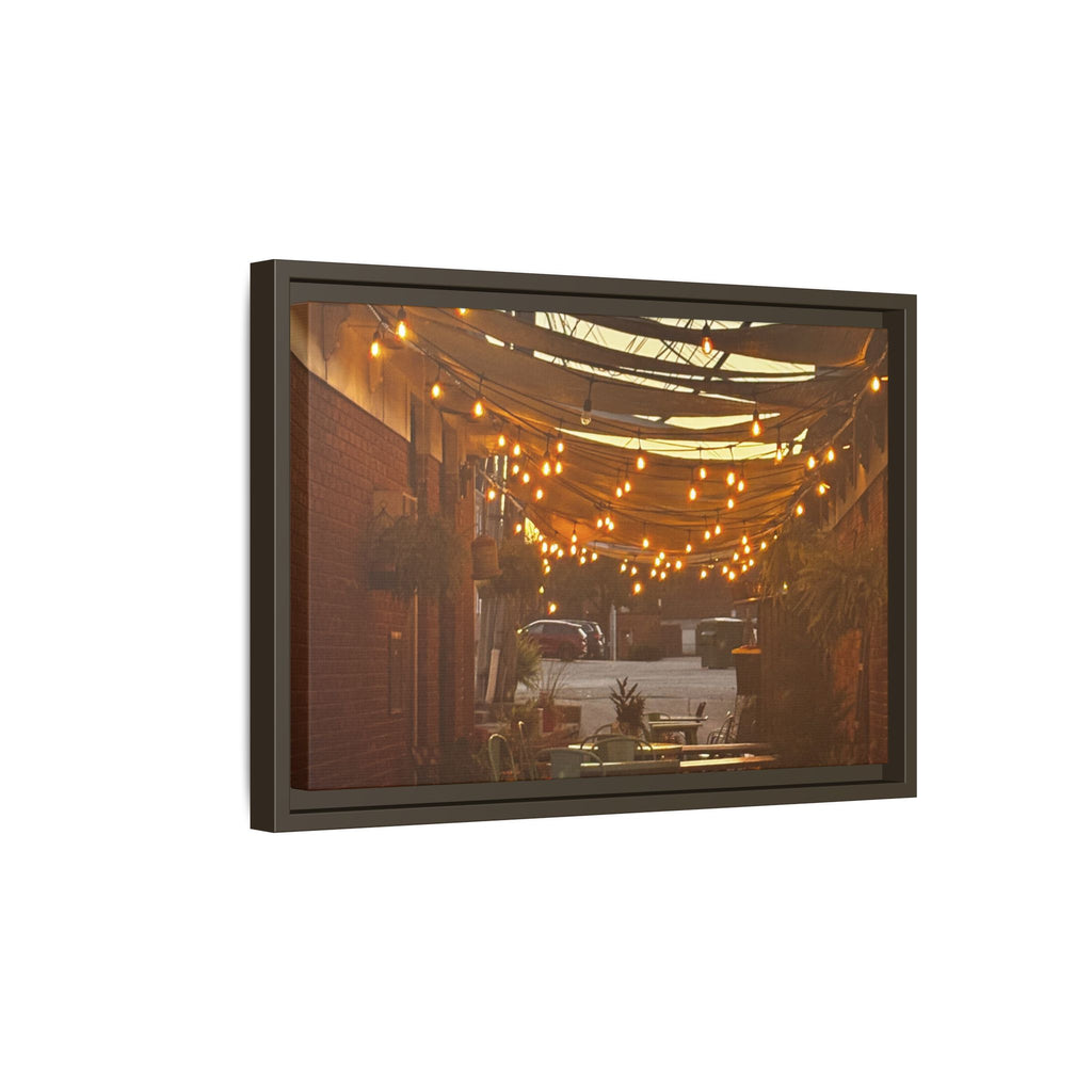 Cozy Alleyway String Lights — Framed Matte Canvas Print