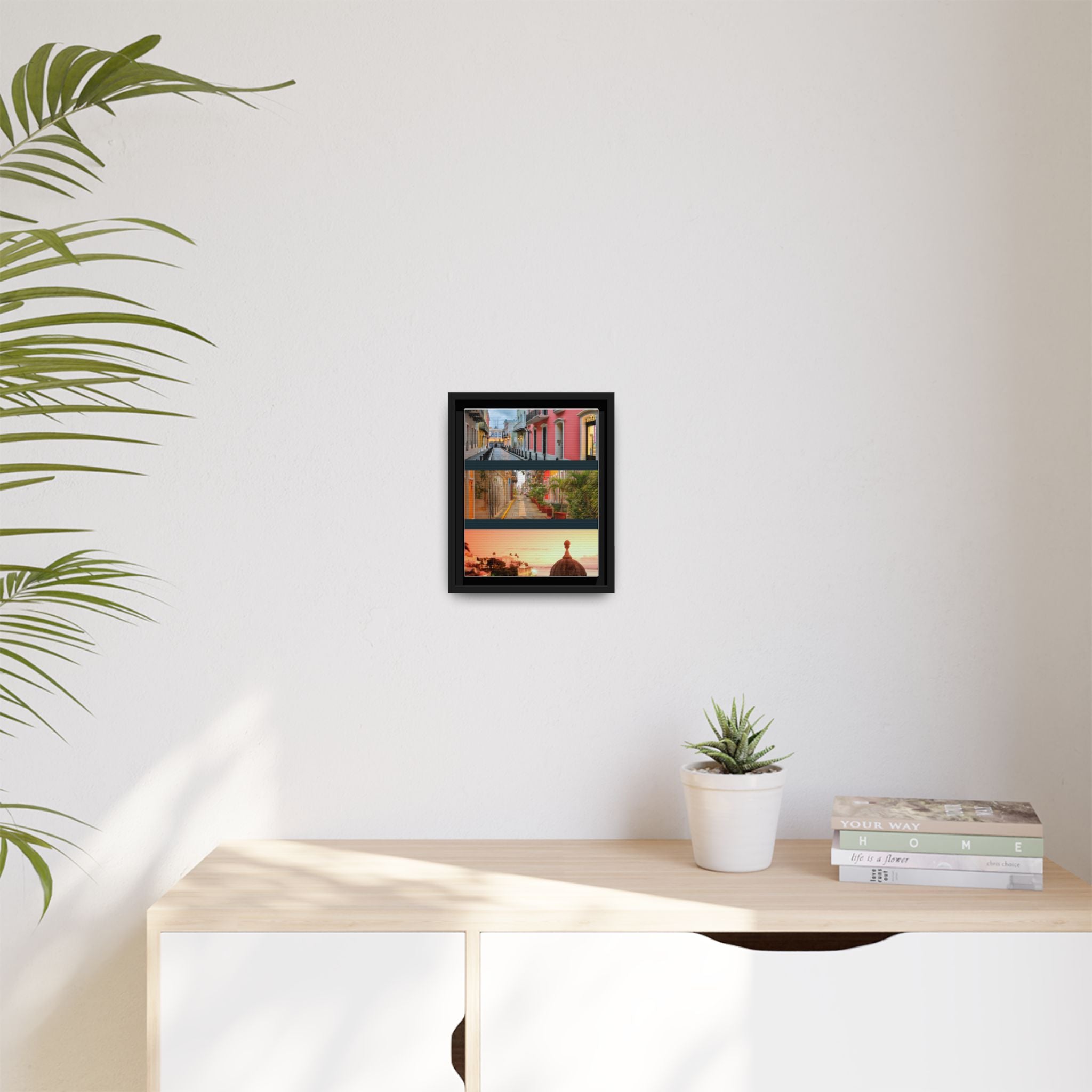 Puerto Rico - Caribbean CityScape- Matte Framed Canvas - Colorful Street Triptych Wall Art