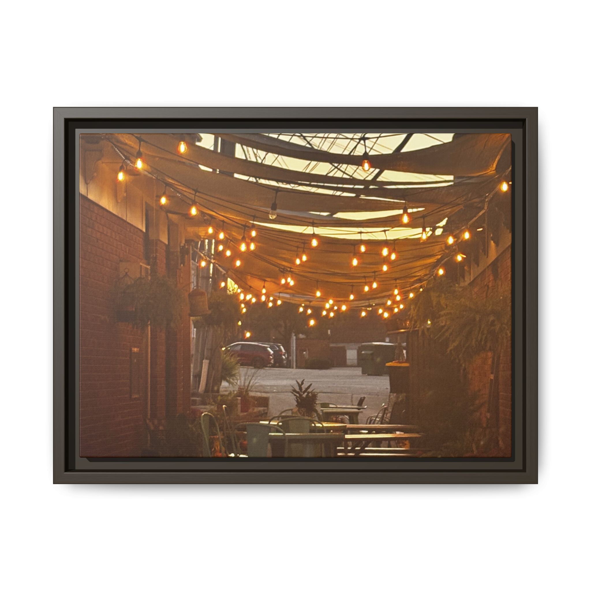 Cozy Alleyway String Lights — Framed Matte Canvas Print