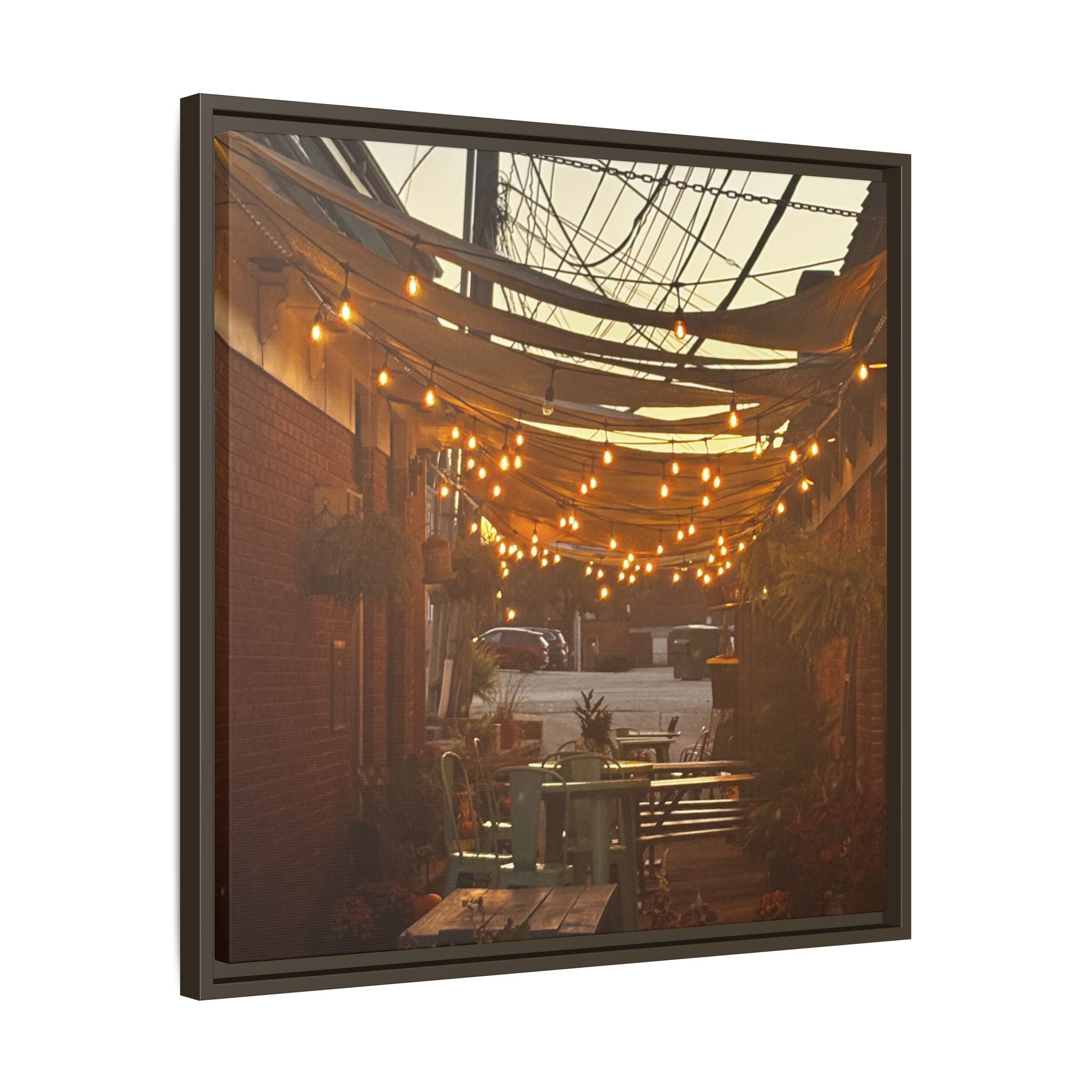 Cozy Alleyway String Lights — Framed Matte Canvas Print
