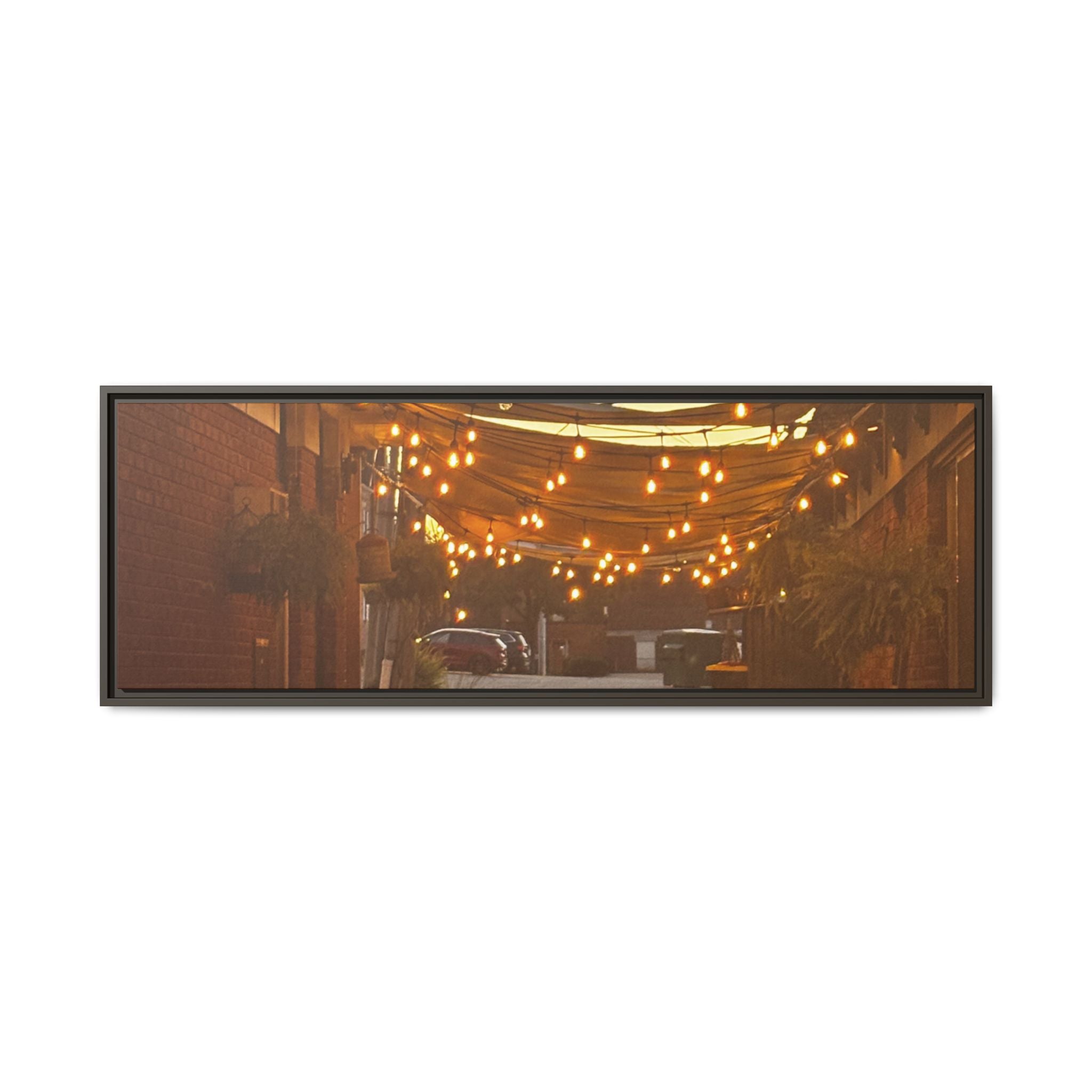 Cozy Alleyway String Lights — Framed Matte Canvas Print