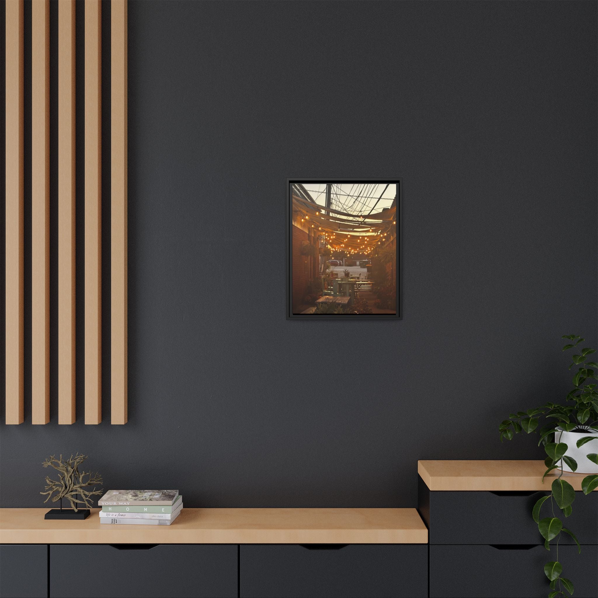 Cozy Alleyway String Lights — Framed Matte Canvas Print