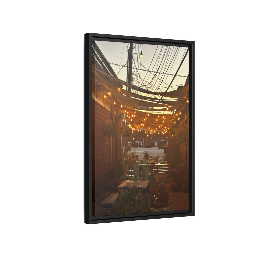 Cozy Alleyway String Lights — Framed Matte Canvas Print