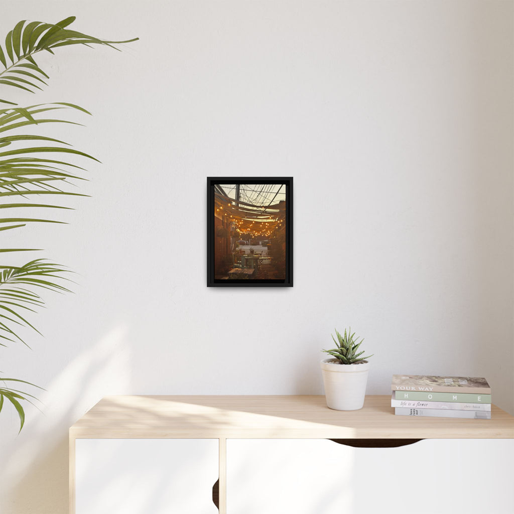 Cozy Alleyway String Lights — Framed Matte Canvas Print