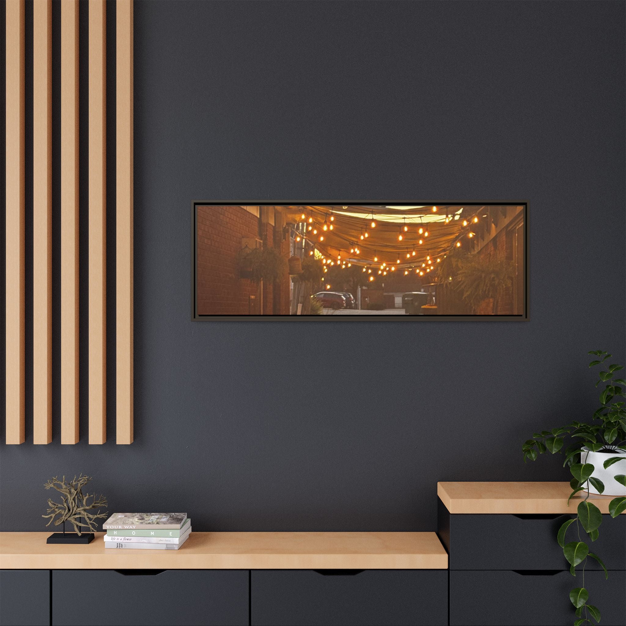 Cozy Alleyway String Lights — Framed Matte Canvas Print