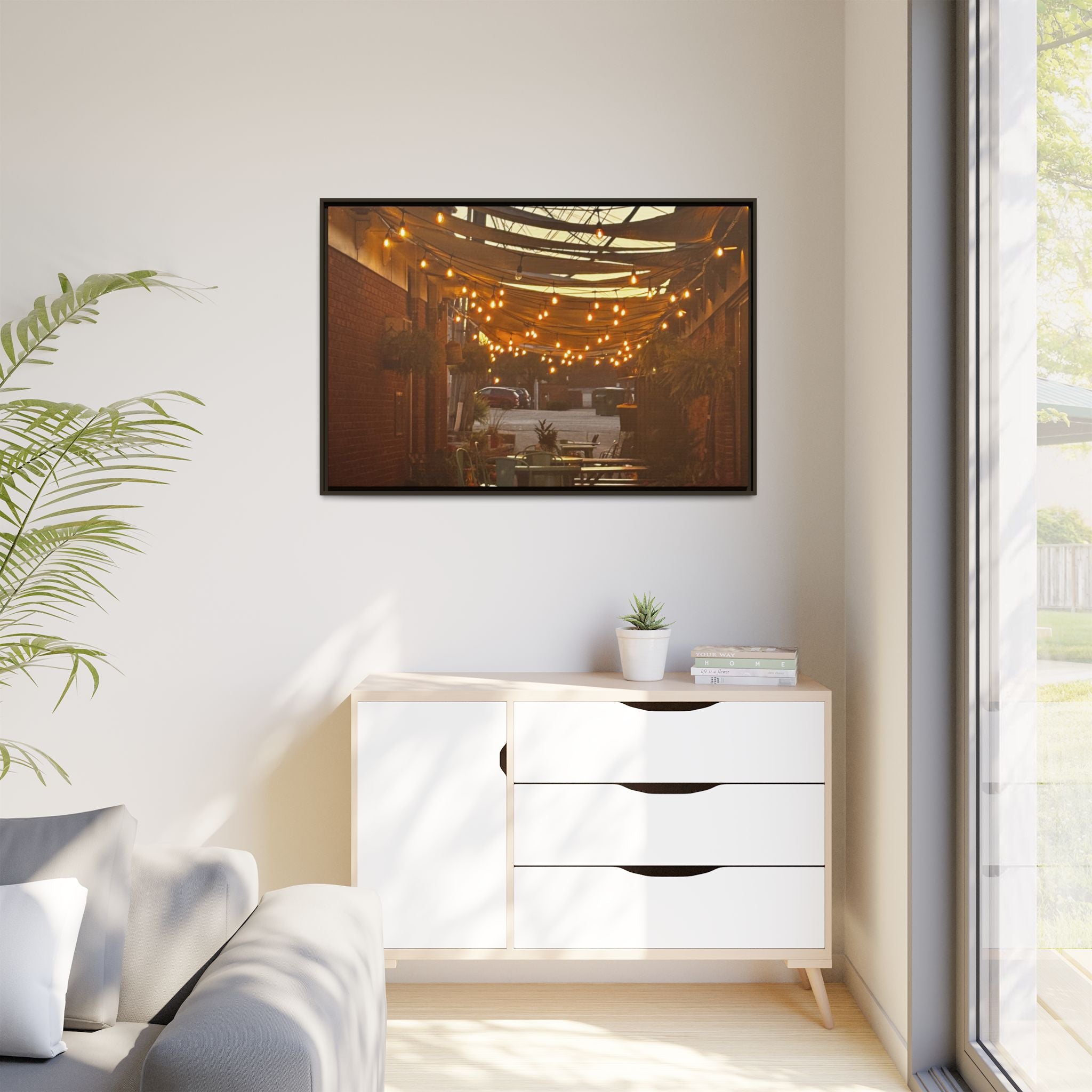 Cozy Alleyway String Lights — Framed Matte Canvas Print