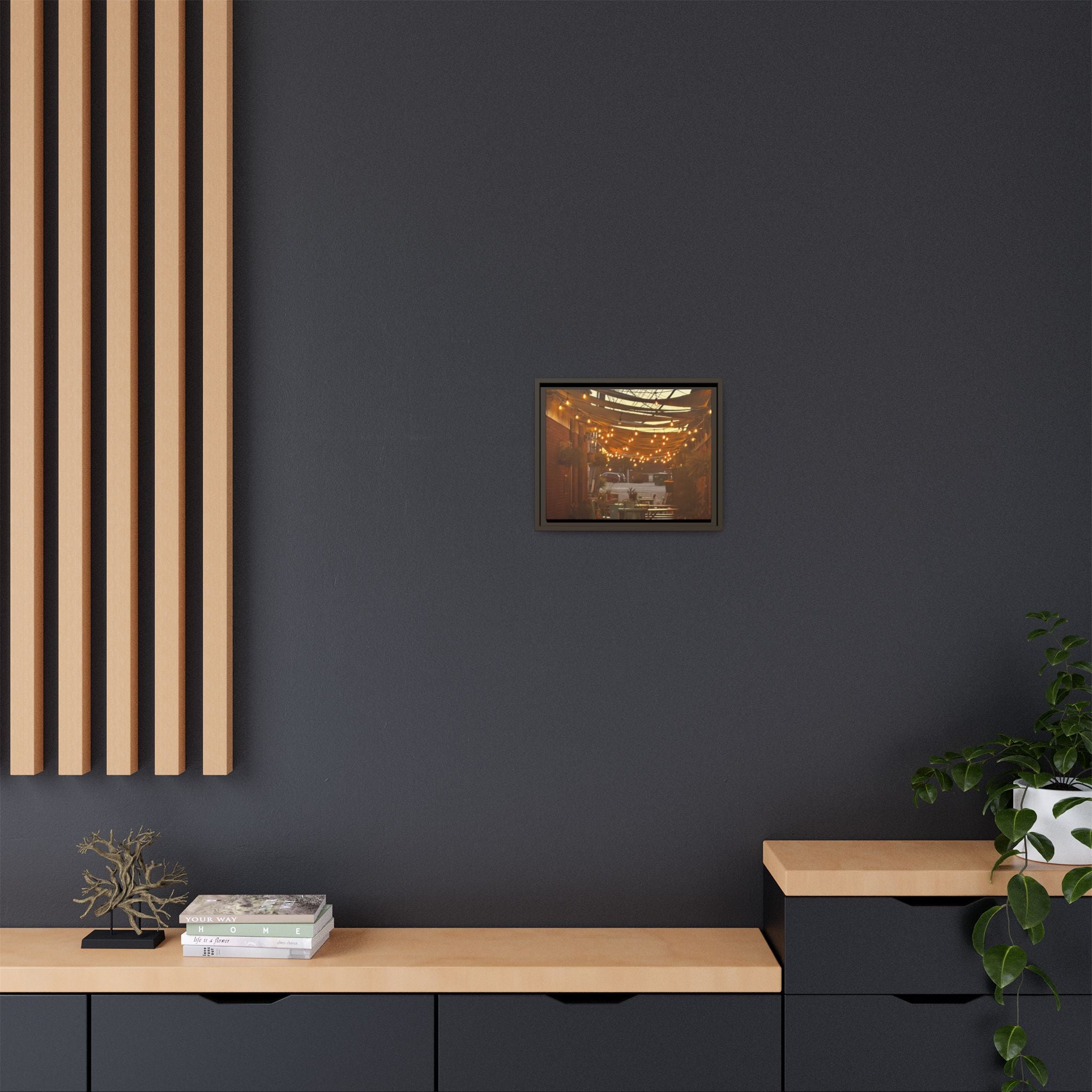 Cozy Alleyway String Lights — Framed Matte Canvas Print