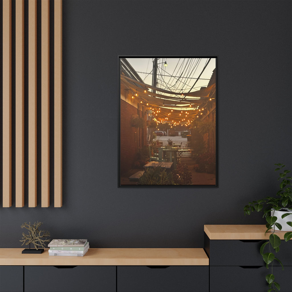 Cozy Alleyway String Lights — Framed Matte Canvas Print