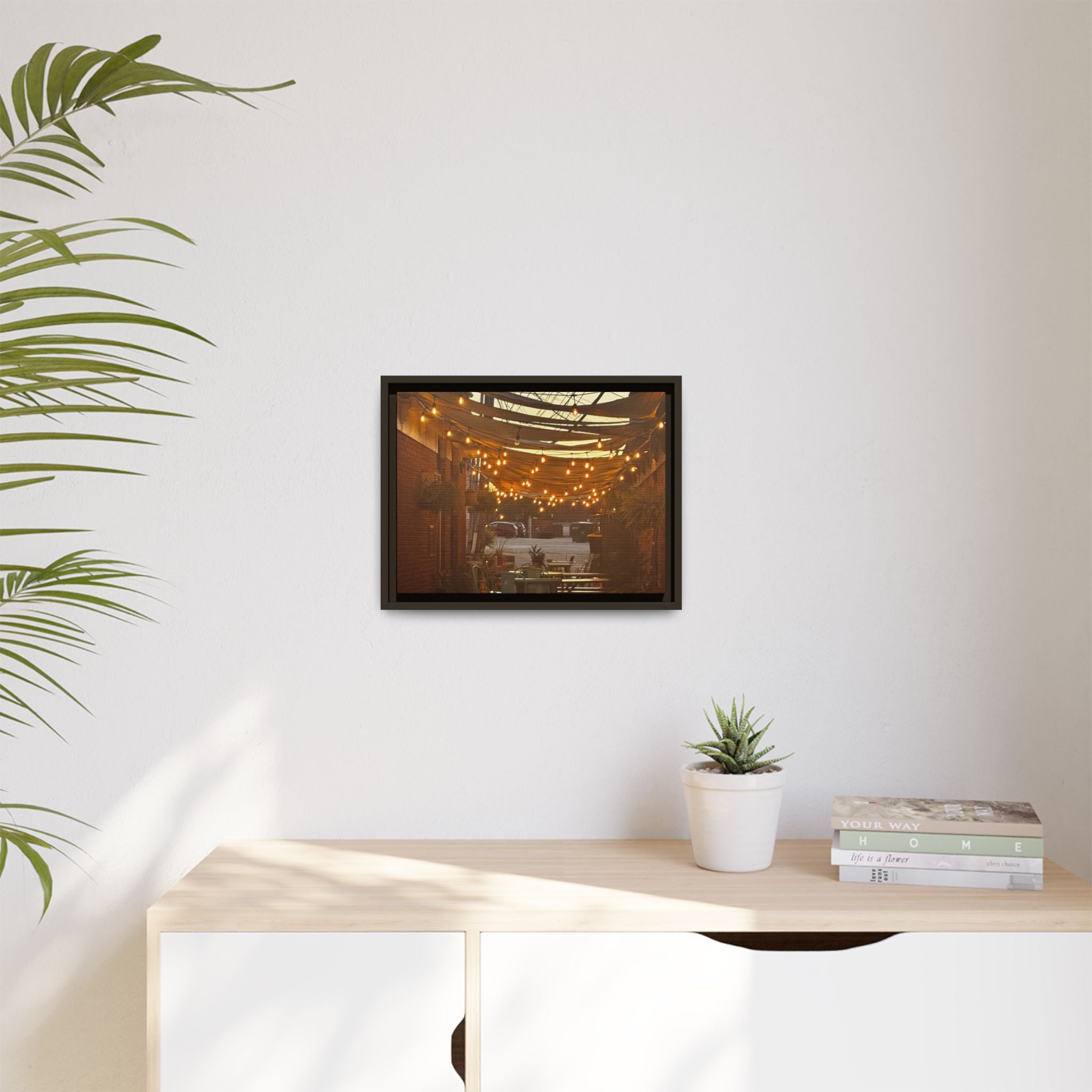 Cozy Alleyway String Lights — Framed Matte Canvas Print