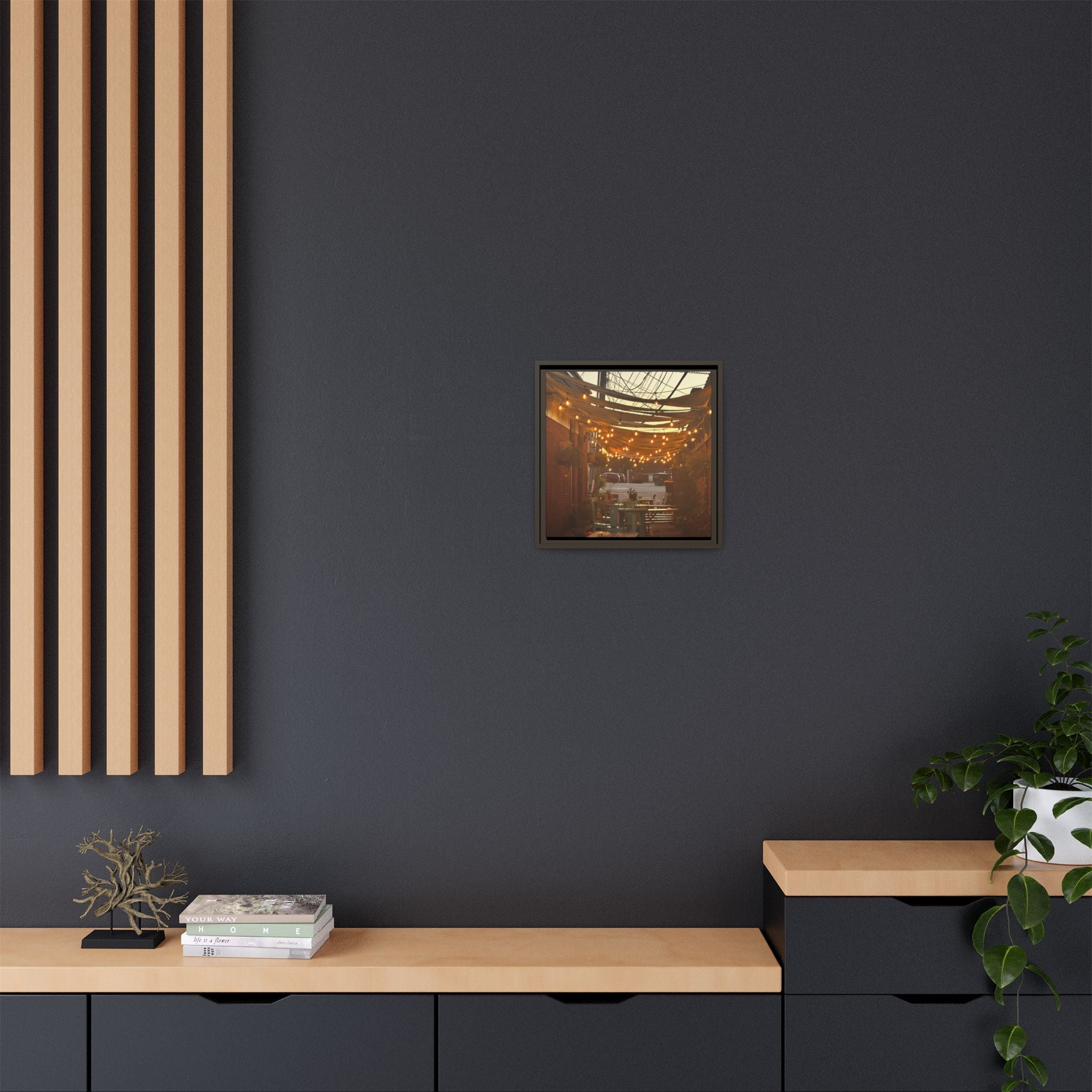 Cozy Alleyway String Lights — Framed Matte Canvas Print