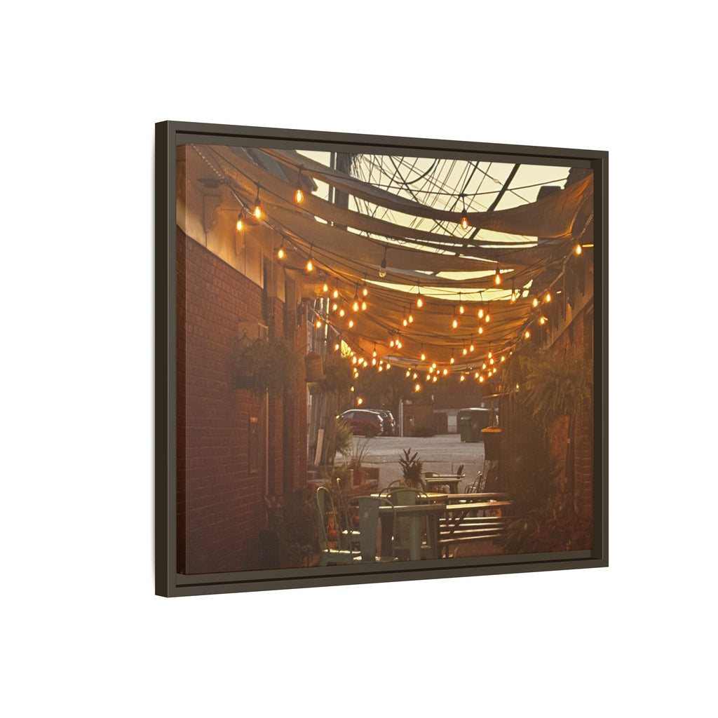 Cozy Alleyway String Lights — Framed Matte Canvas Print