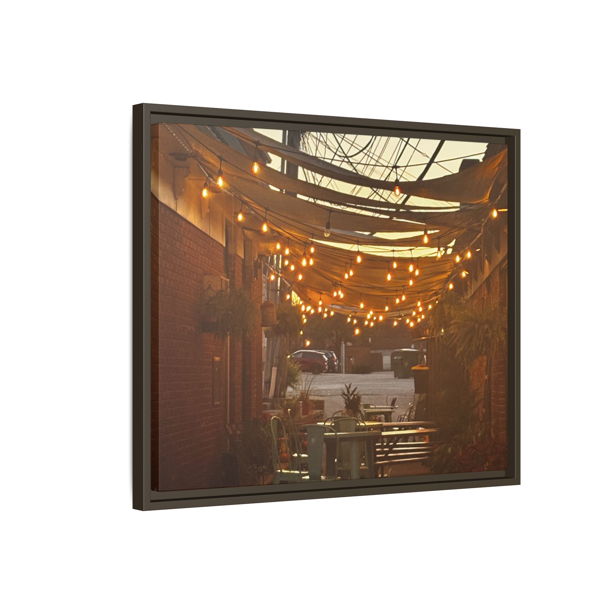 Cozy Alleyway String Lights — Framed Matte Canvas Print
