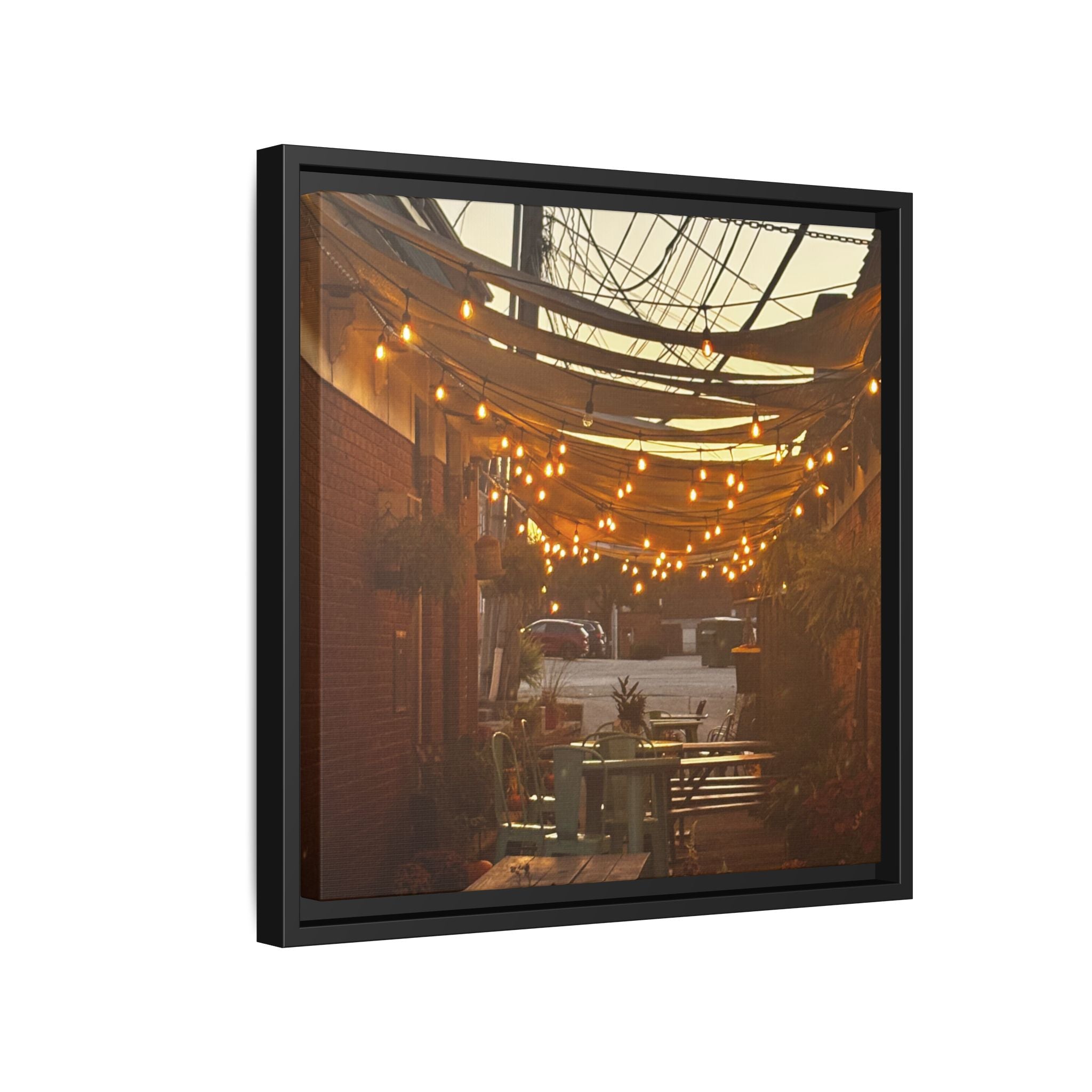 Cozy Alleyway String Lights — Framed Matte Canvas Print