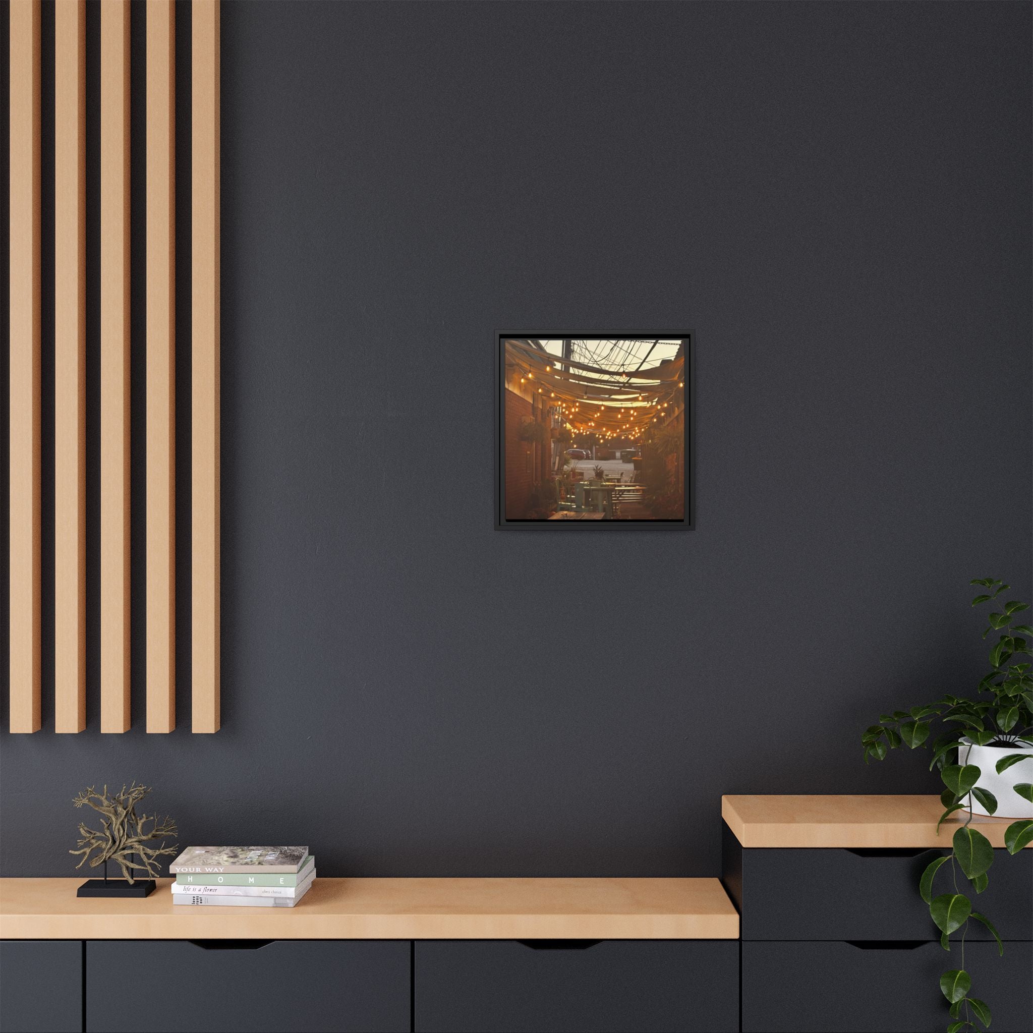 Cozy Alleyway String Lights — Framed Matte Canvas Print