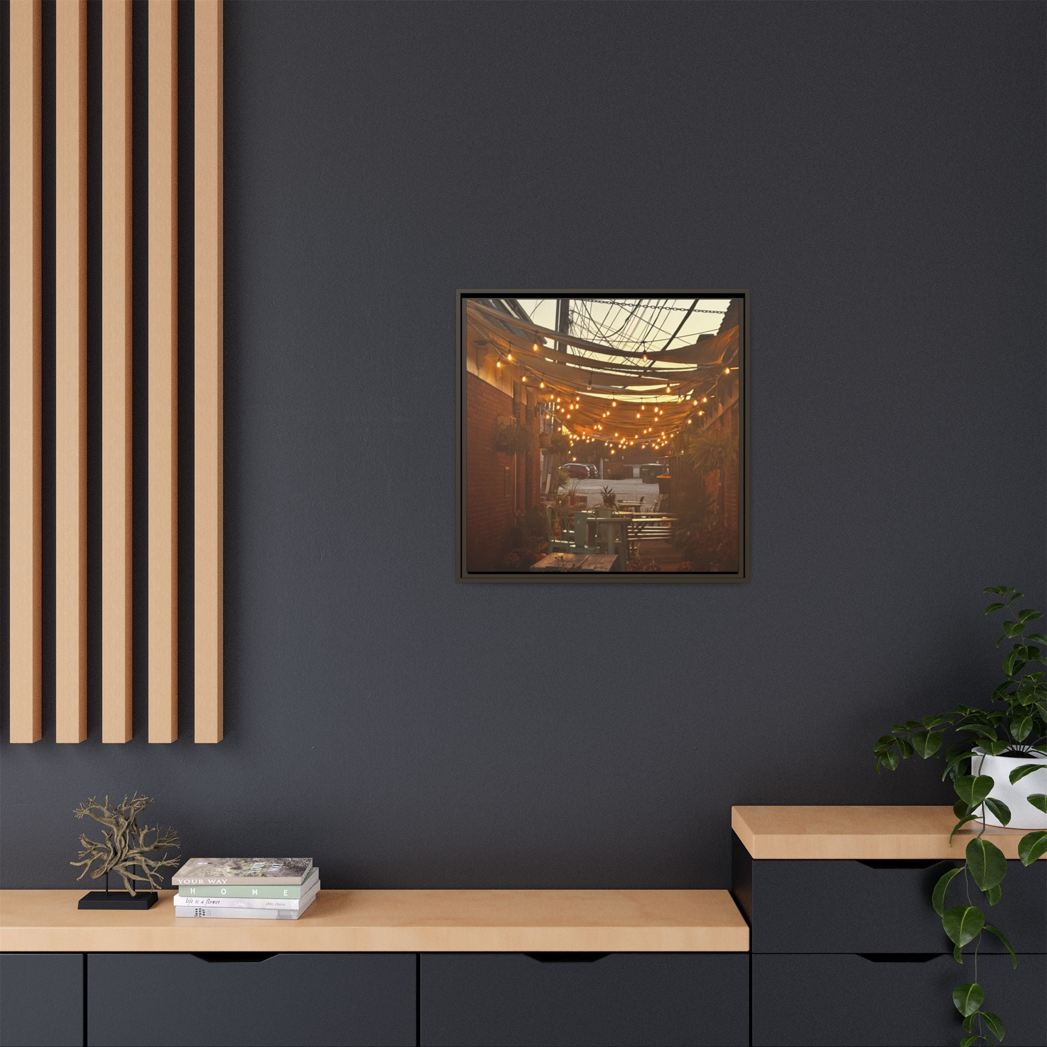 Cozy Alleyway String Lights — Framed Matte Canvas Print