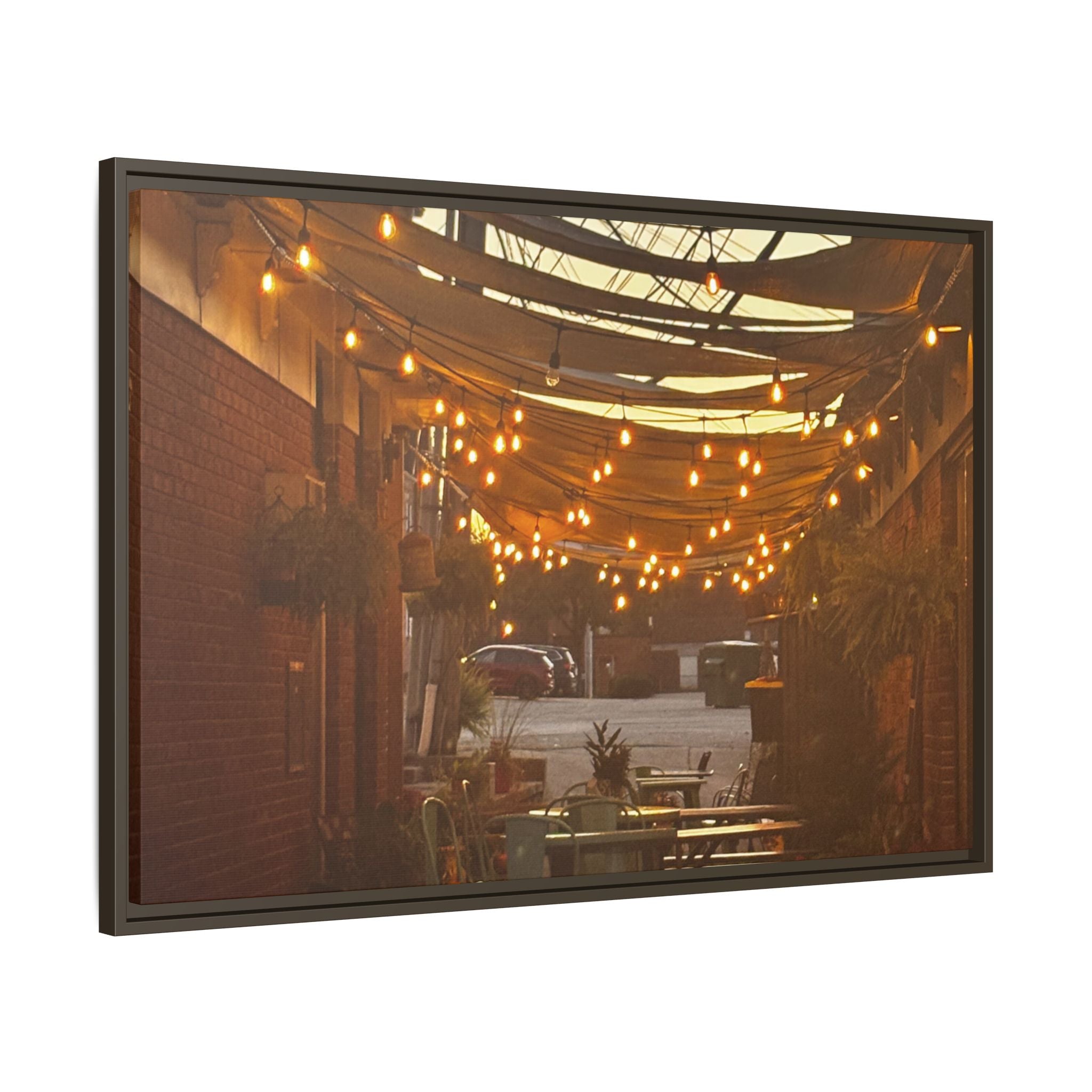 Cozy Alleyway String Lights — Framed Matte Canvas Print