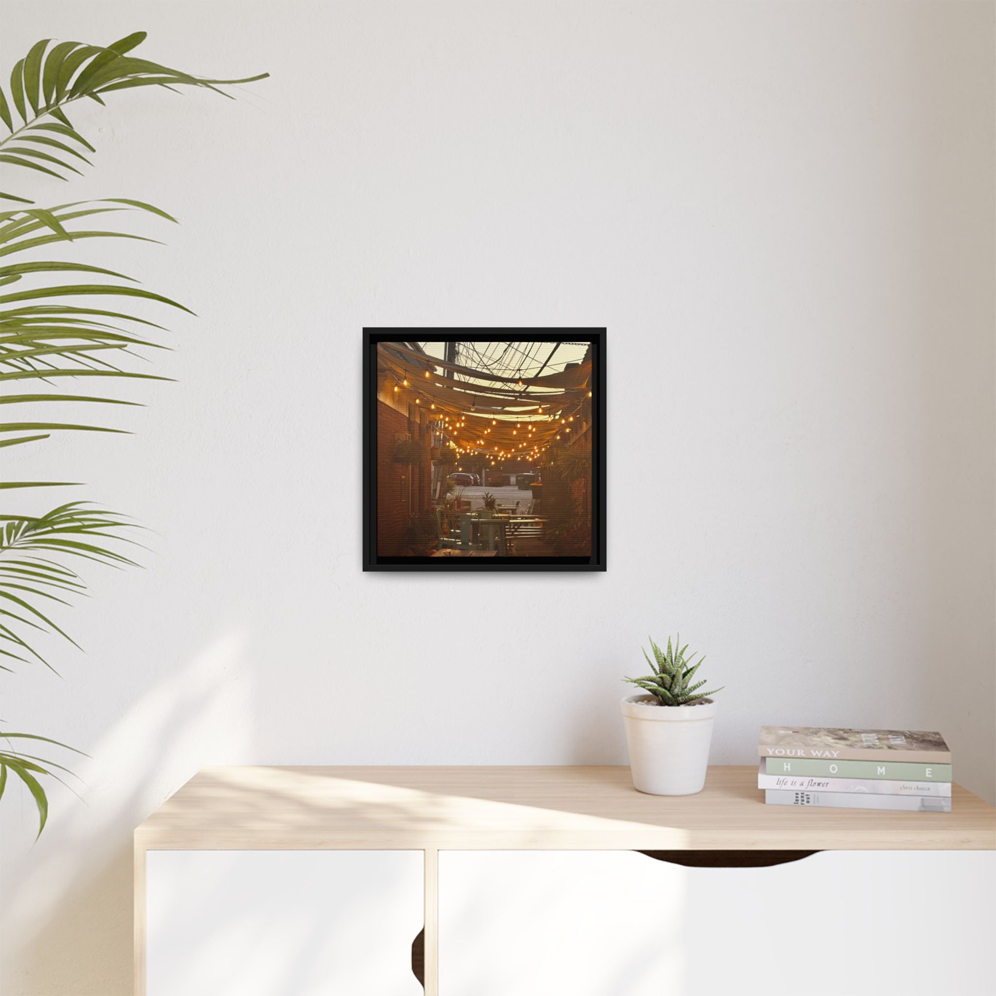 Cozy Alleyway String Lights — Framed Matte Canvas Print