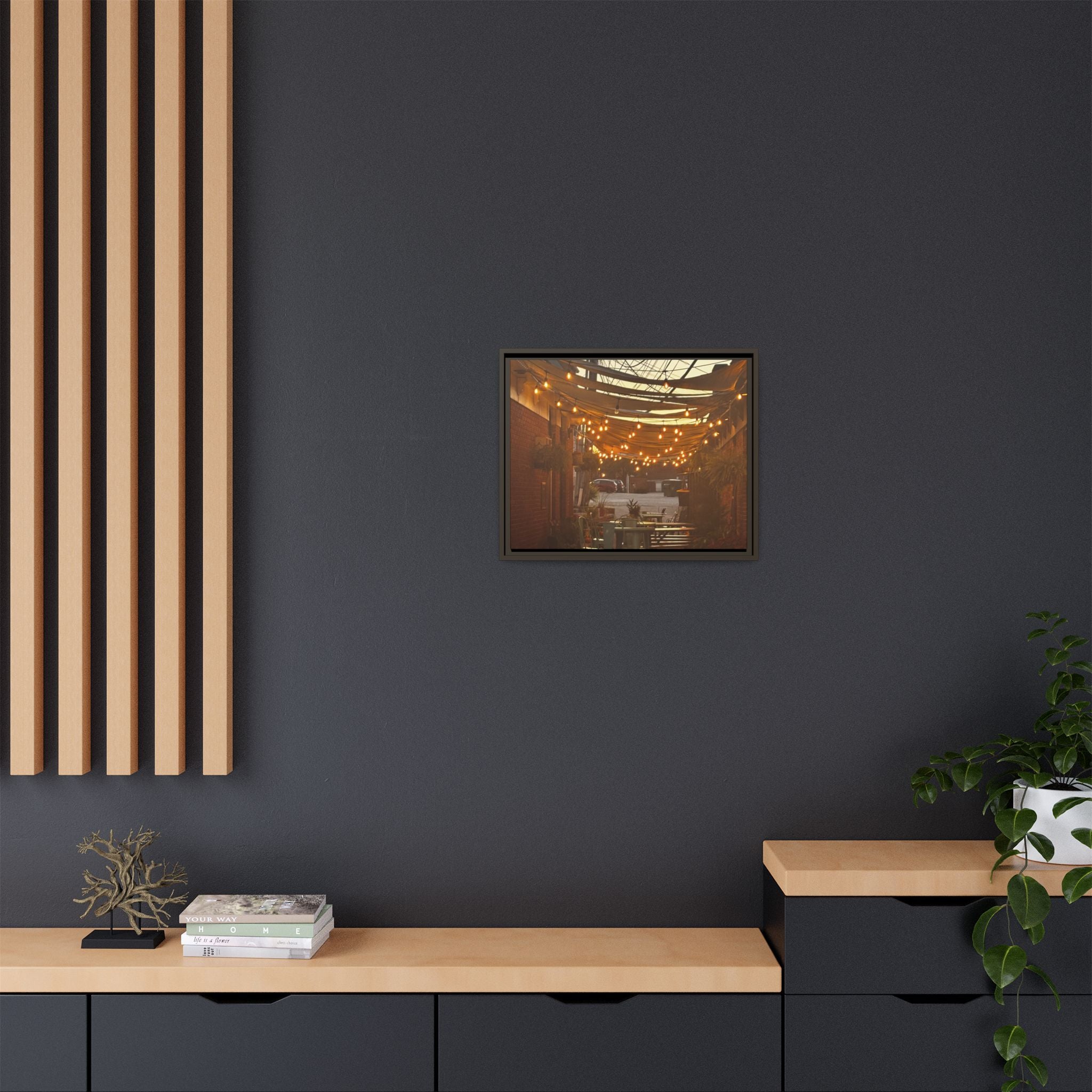 Cozy Alleyway String Lights — Framed Matte Canvas Print