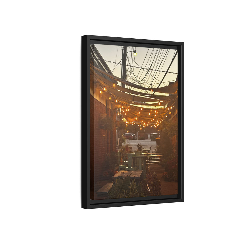 Cozy Alleyway String Lights — Framed Matte Canvas Print