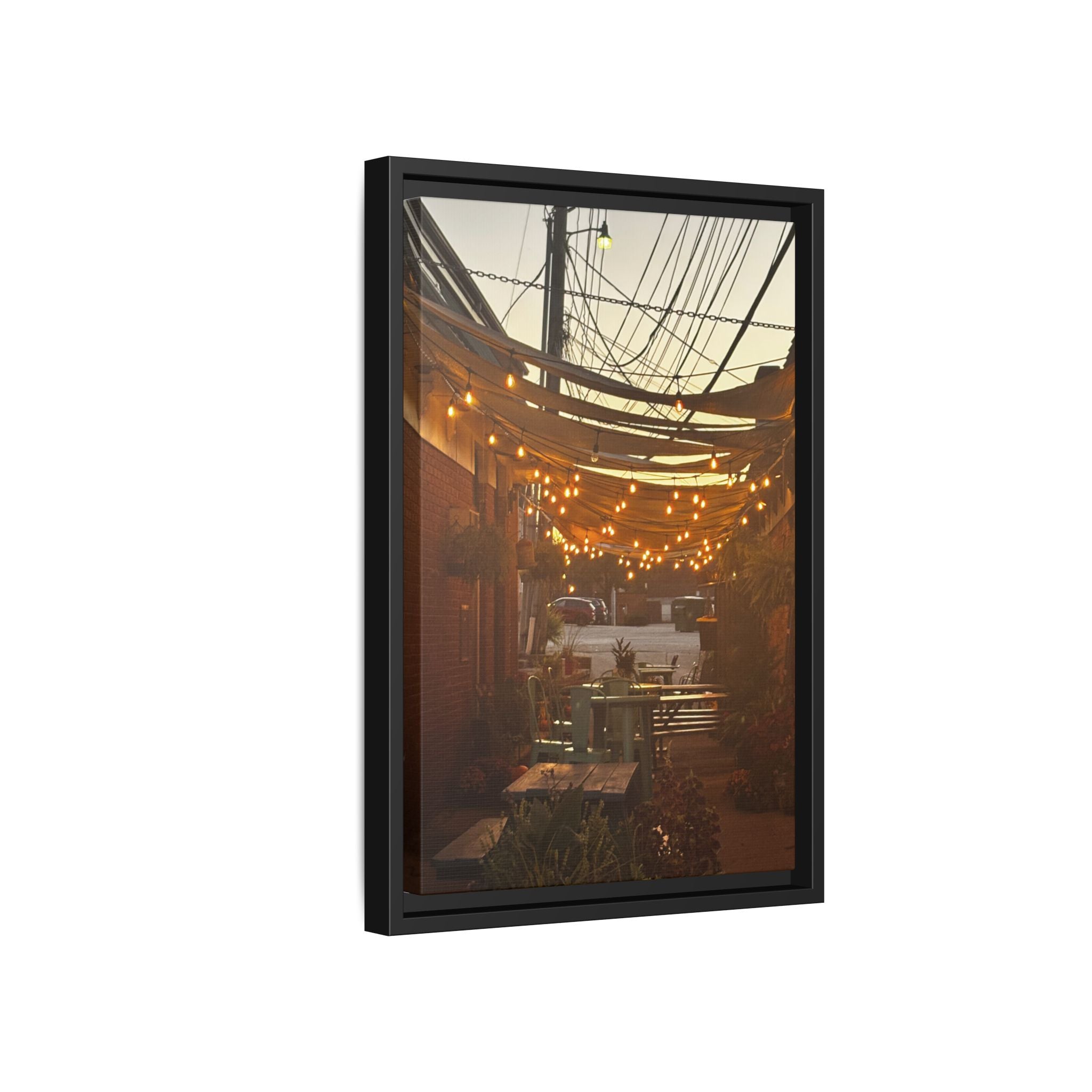 Cozy Alleyway String Lights — Framed Matte Canvas Print