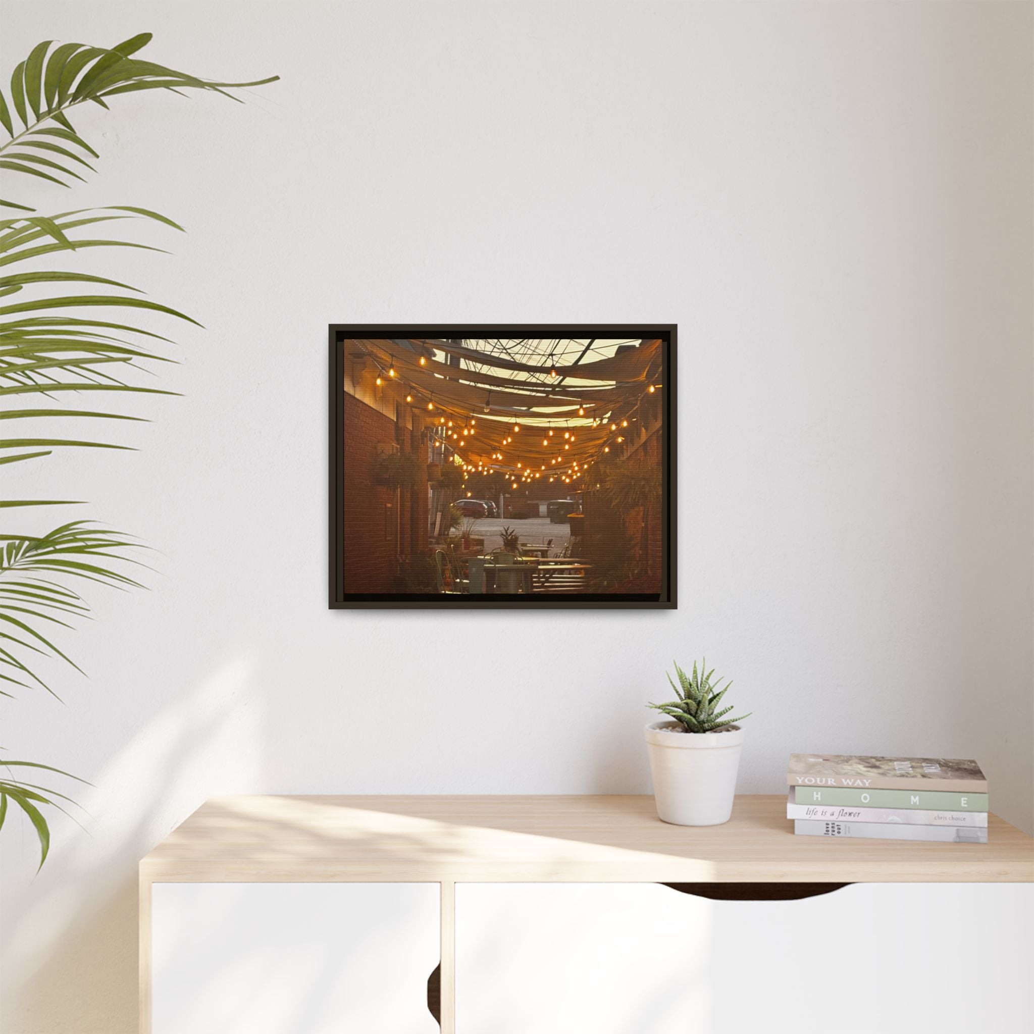 Cozy Alleyway String Lights — Framed Matte Canvas Print