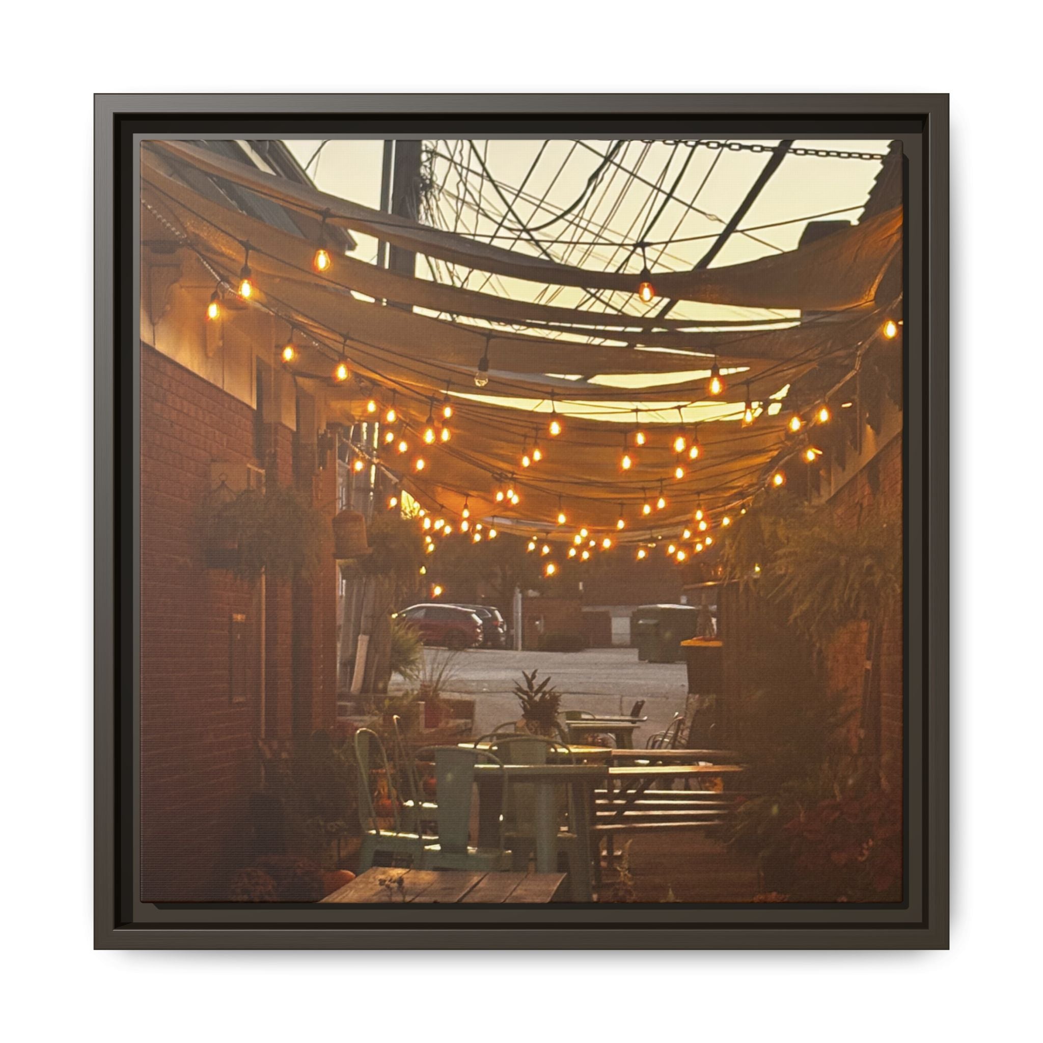 Cozy Alleyway String Lights — Framed Matte Canvas Print