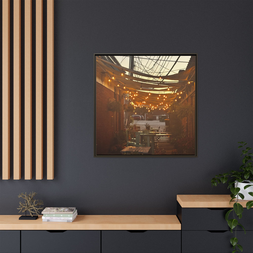 Cozy Alleyway String Lights — Framed Matte Canvas Print