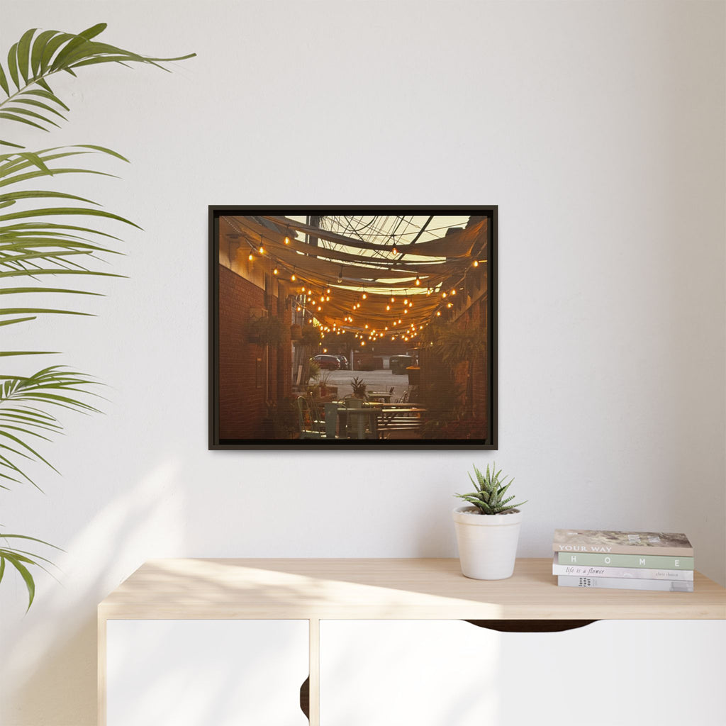 Cozy Alleyway String Lights — Framed Matte Canvas Print
