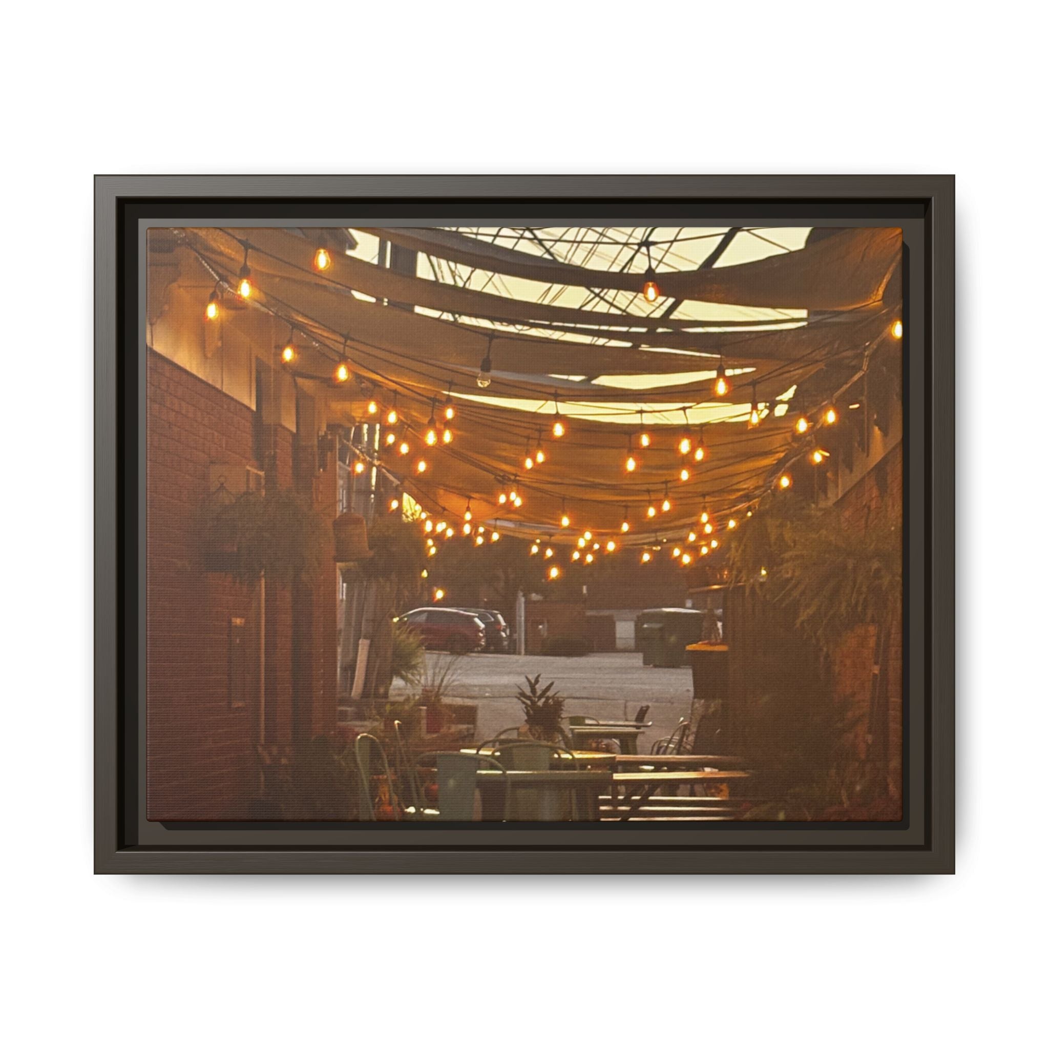 Cozy Alleyway String Lights — Framed Matte Canvas Print