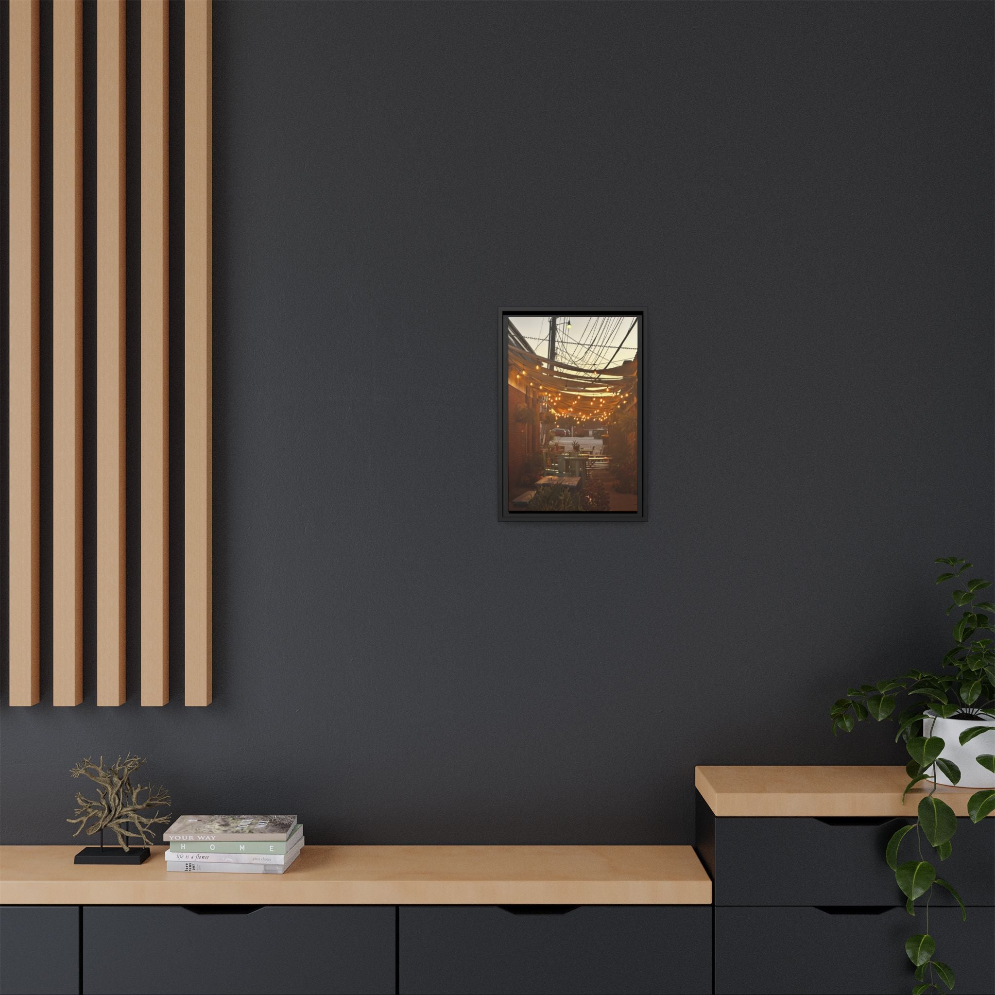 Cozy Alleyway String Lights — Framed Matte Canvas Print