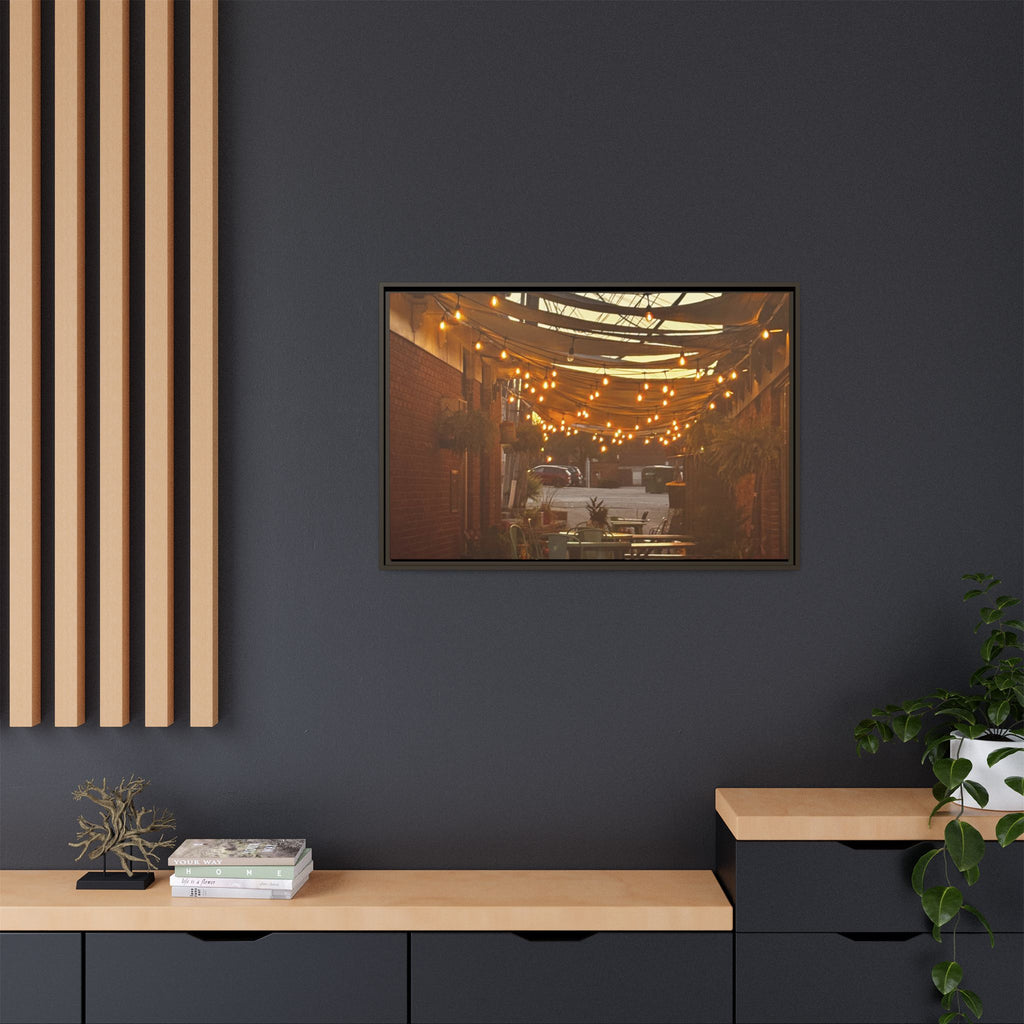 Cozy Alleyway String Lights — Framed Matte Canvas Print