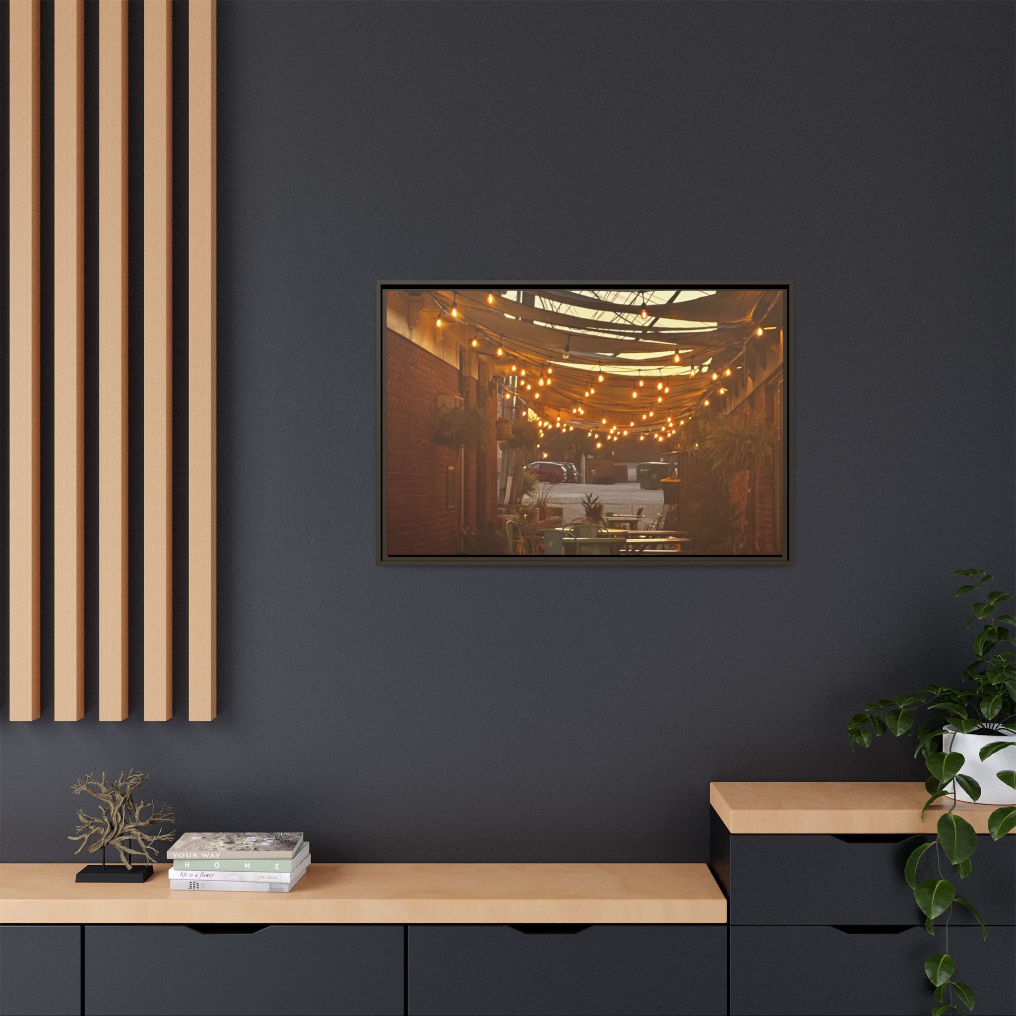 Cozy Alleyway String Lights — Framed Matte Canvas Print