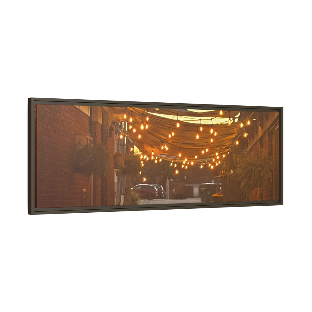 Cozy Alleyway String Lights — Framed Matte Canvas Print