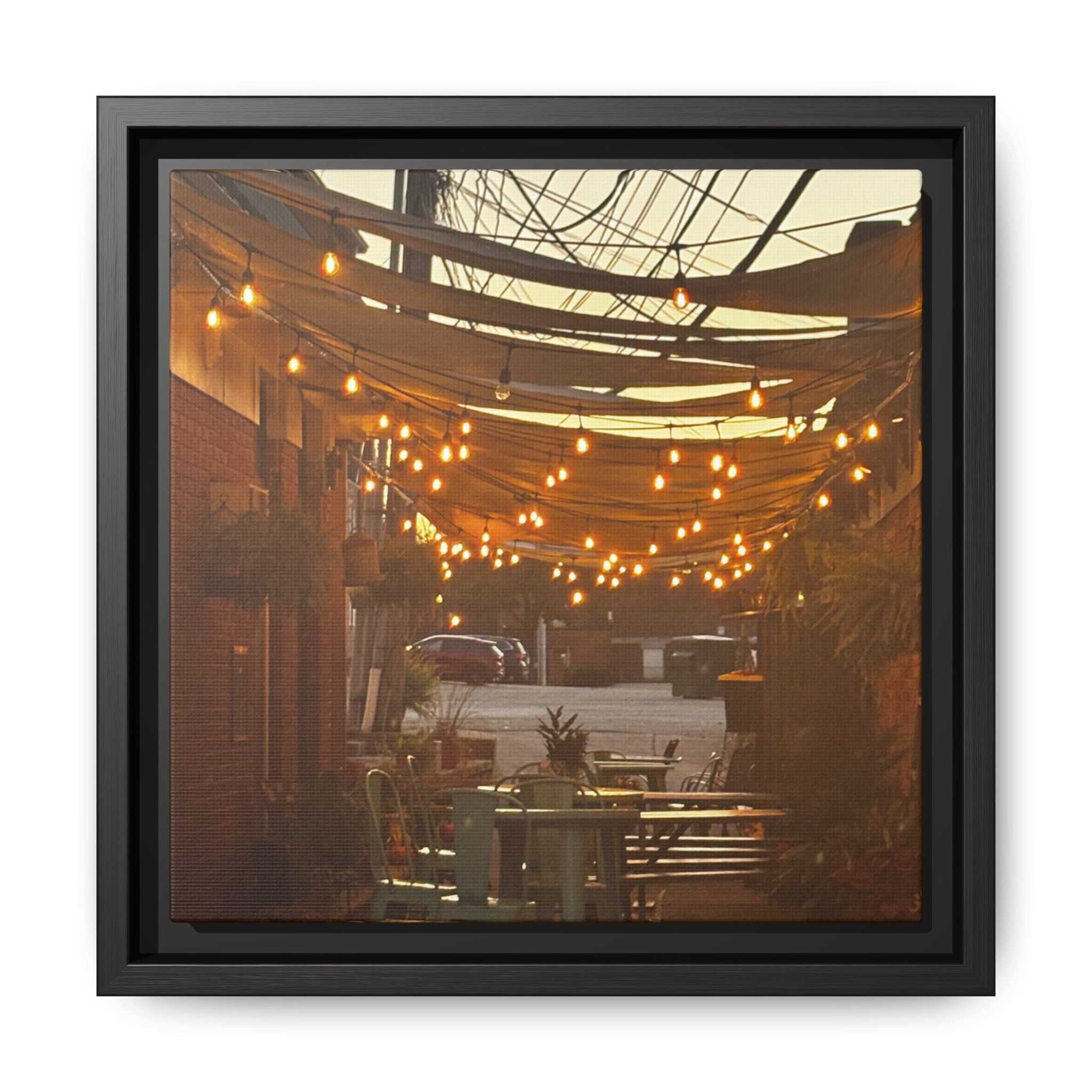 Cozy Alleyway String Lights — Framed Matte Canvas Print