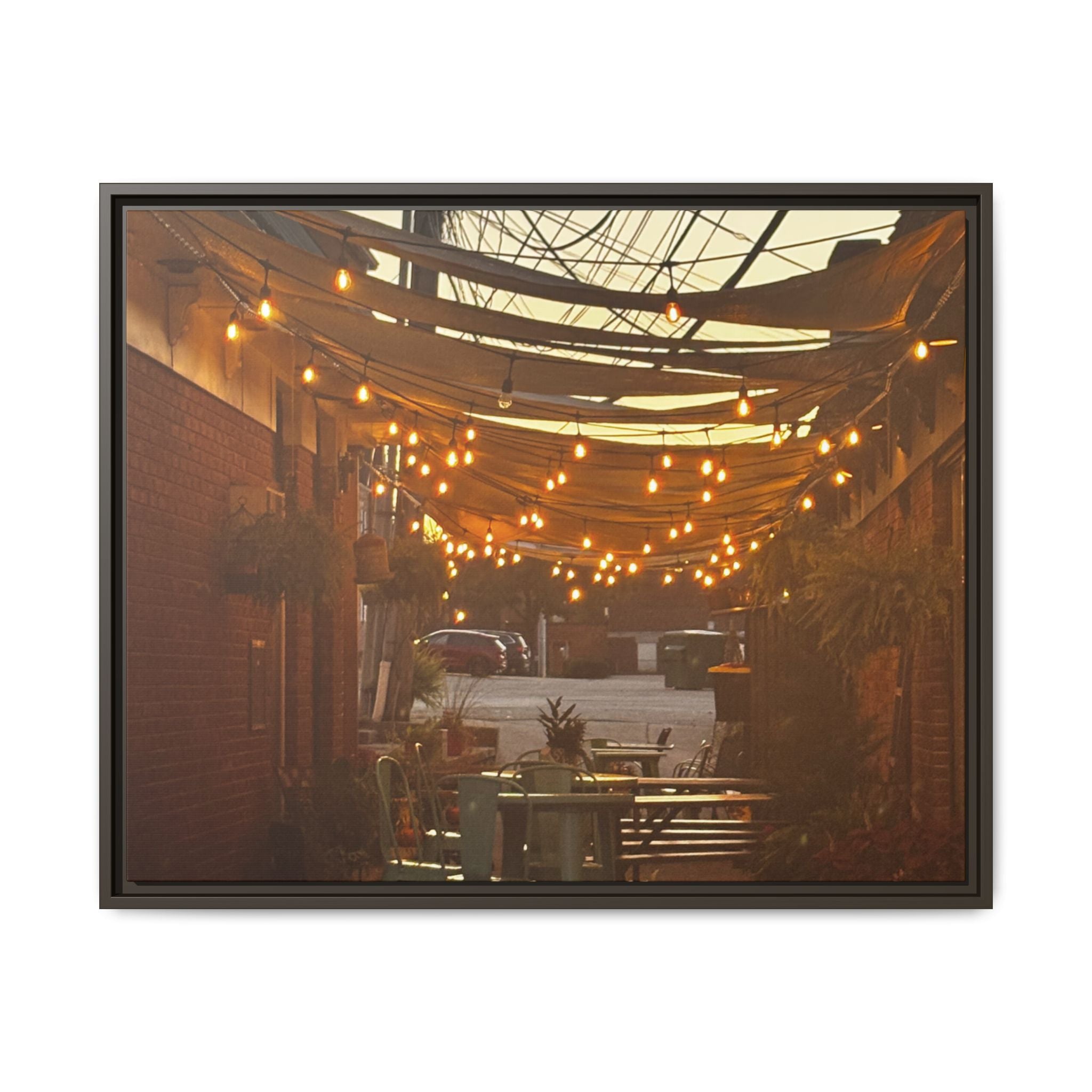 Cozy Alleyway String Lights — Framed Matte Canvas Print