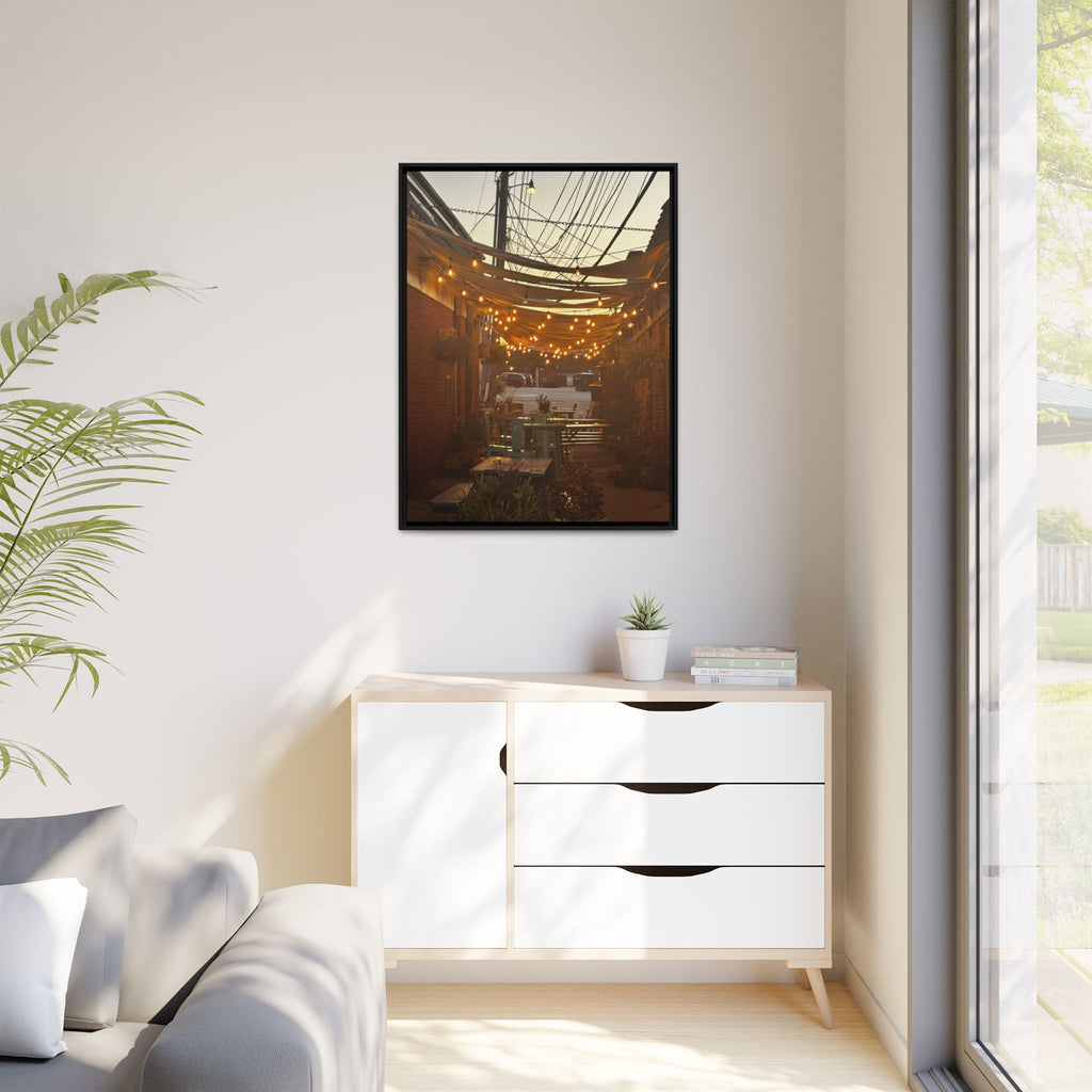 Cozy Alleyway String Lights — Framed Matte Canvas Print