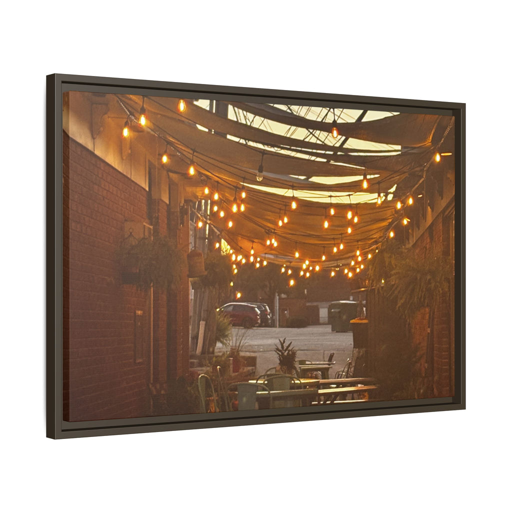 Cozy Alleyway String Lights — Framed Matte Canvas Print