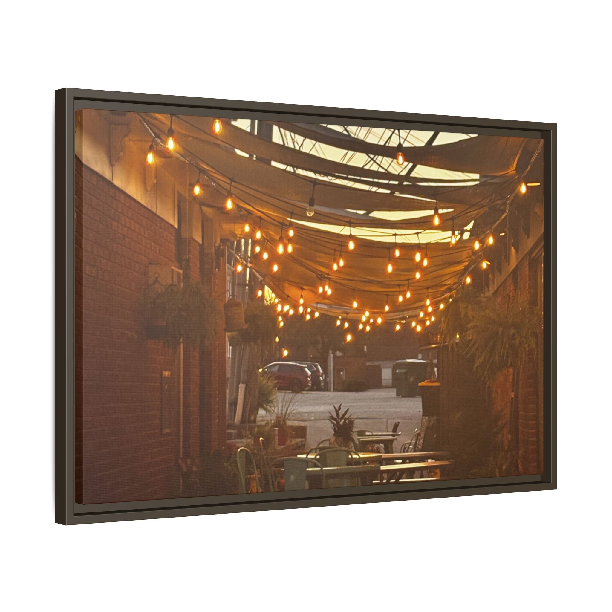 Cozy Alleyway String Lights — Framed Matte Canvas Print