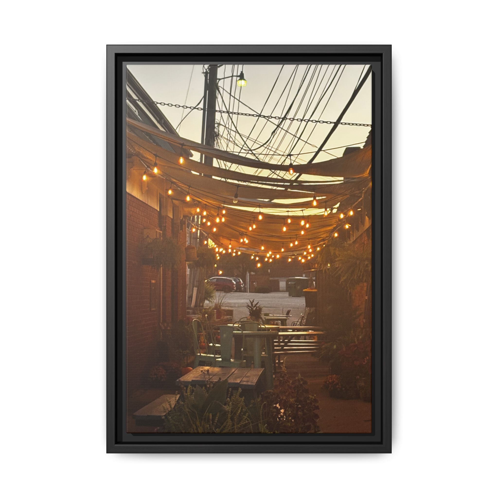 Cozy Alleyway String Lights — Framed Matte Canvas Print