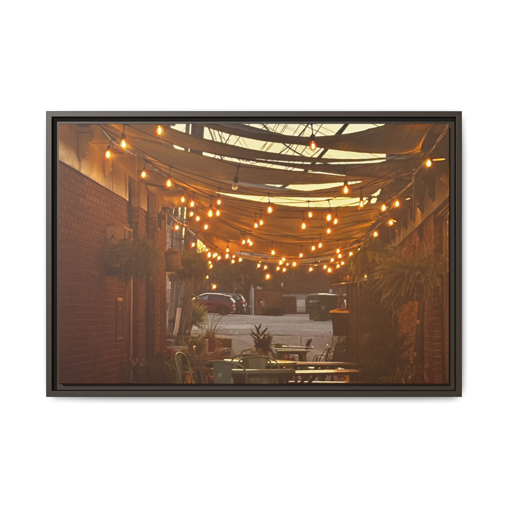 Cozy Alleyway String Lights — Framed Matte Canvas Print
