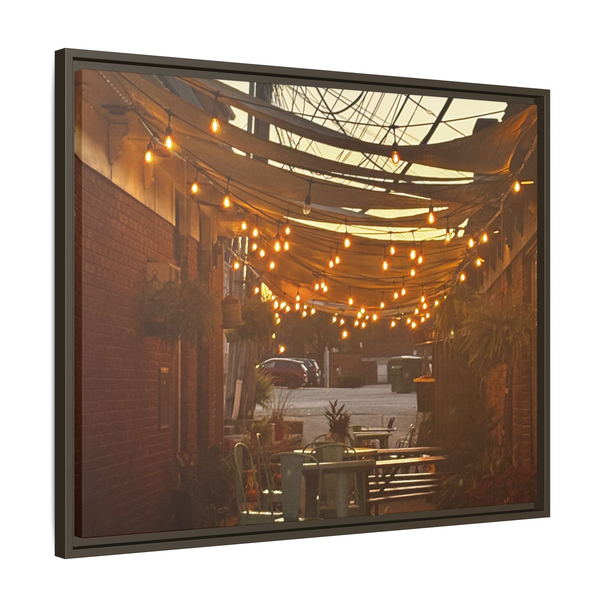 Cozy Alleyway String Lights — Framed Matte Canvas Print