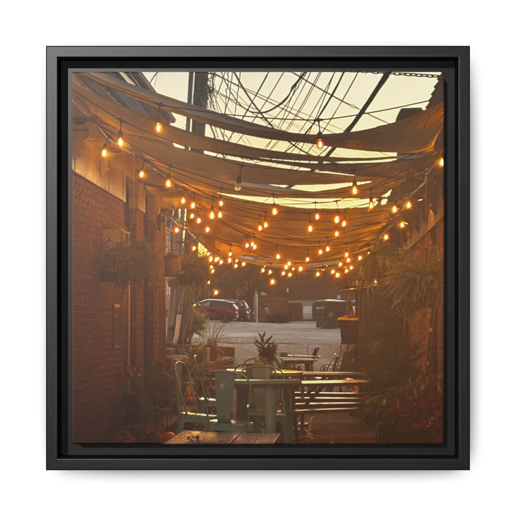 Cozy Alleyway String Lights — Framed Matte Canvas Print