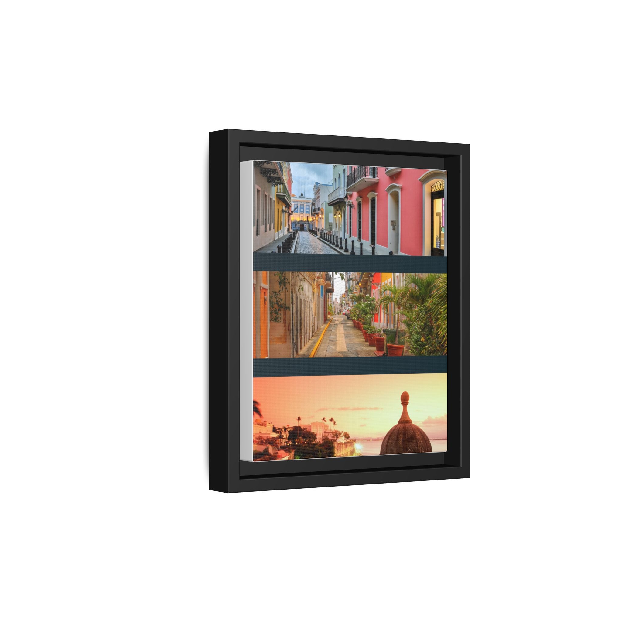 Puerto Rico - Caribbean CityScape- Matte Framed Canvas - Colorful Street Triptych Wall Art
