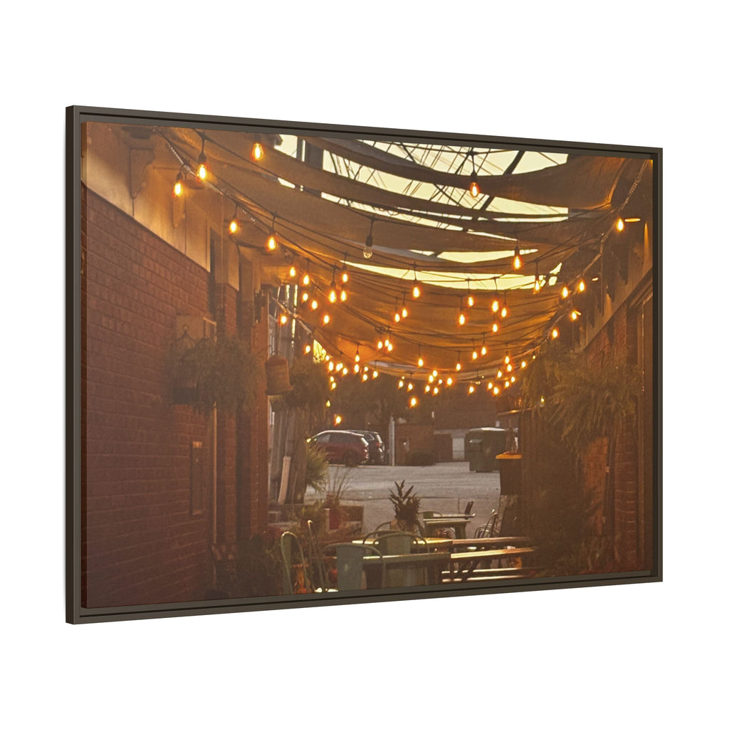 Cozy Alleyway String Lights — Framed Matte Canvas Print