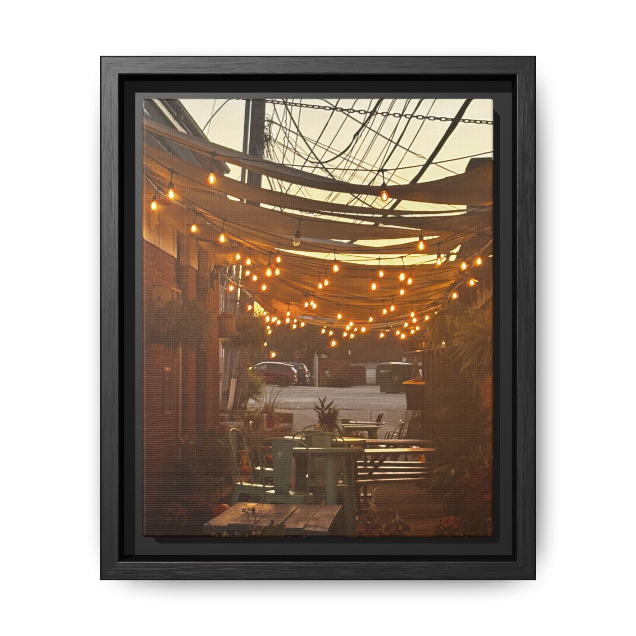 Cozy Alleyway String Lights — Framed Matte Canvas Print