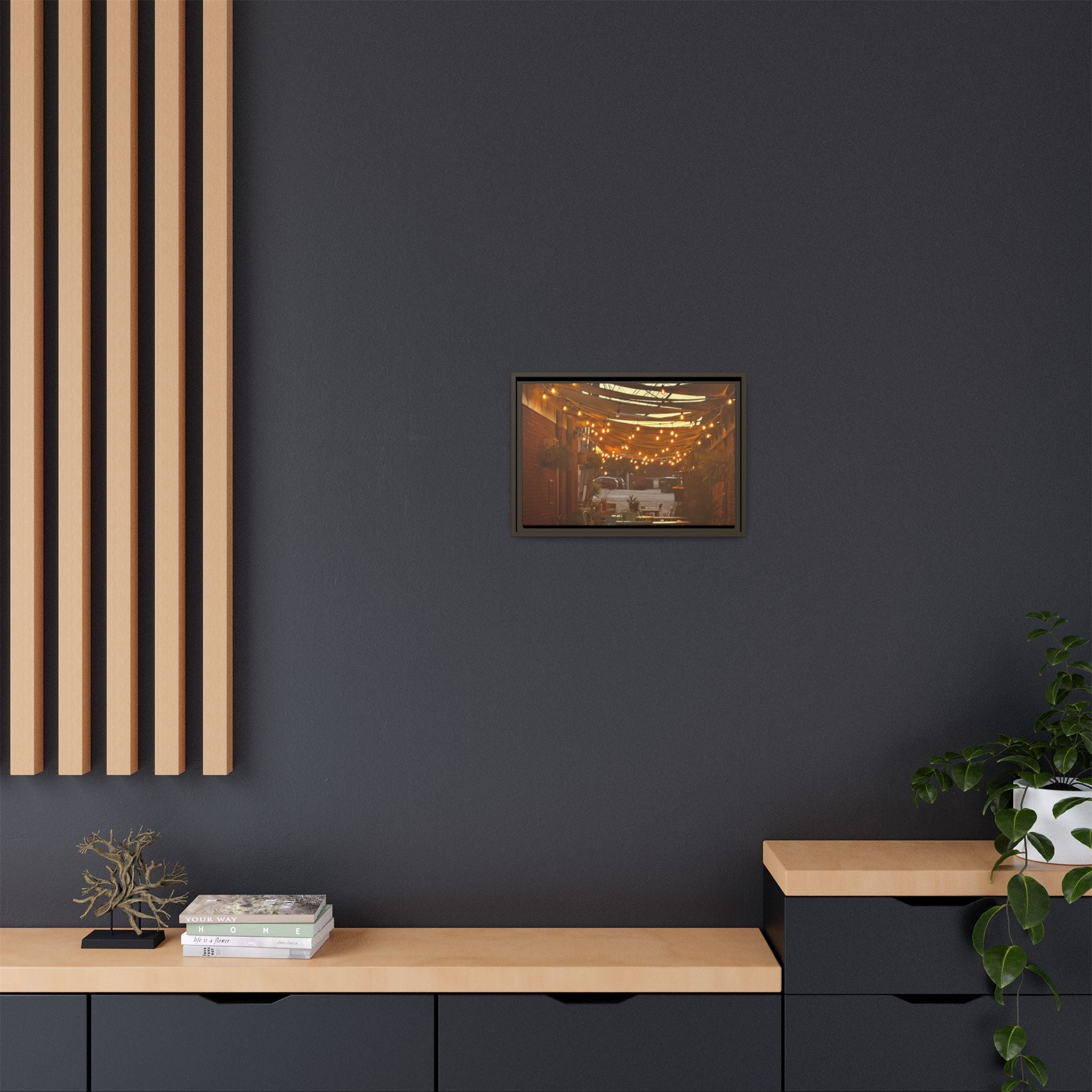Cozy Alleyway String Lights — Framed Matte Canvas Print