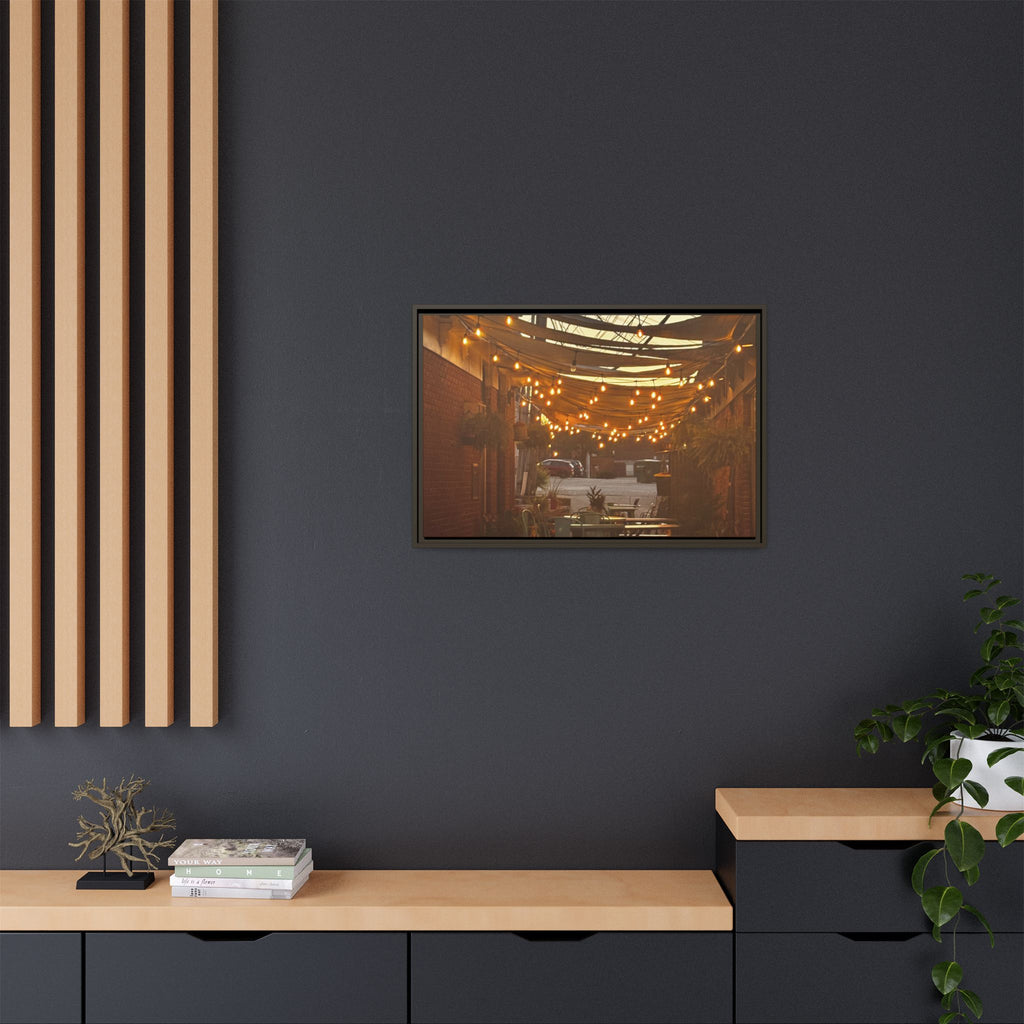 Cozy Alleyway String Lights — Framed Matte Canvas Print