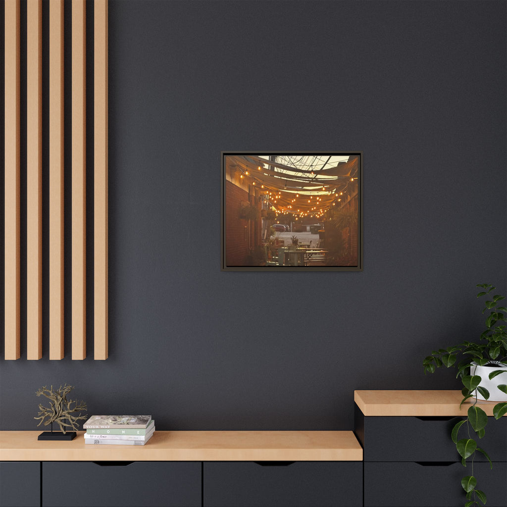 Cozy Alleyway String Lights — Framed Matte Canvas Print